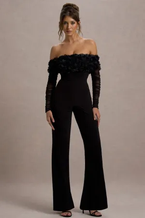 Celebrate | Black Bardot Long-Sleeved Flared-Leg Jumpsuit With Flowers Club L London