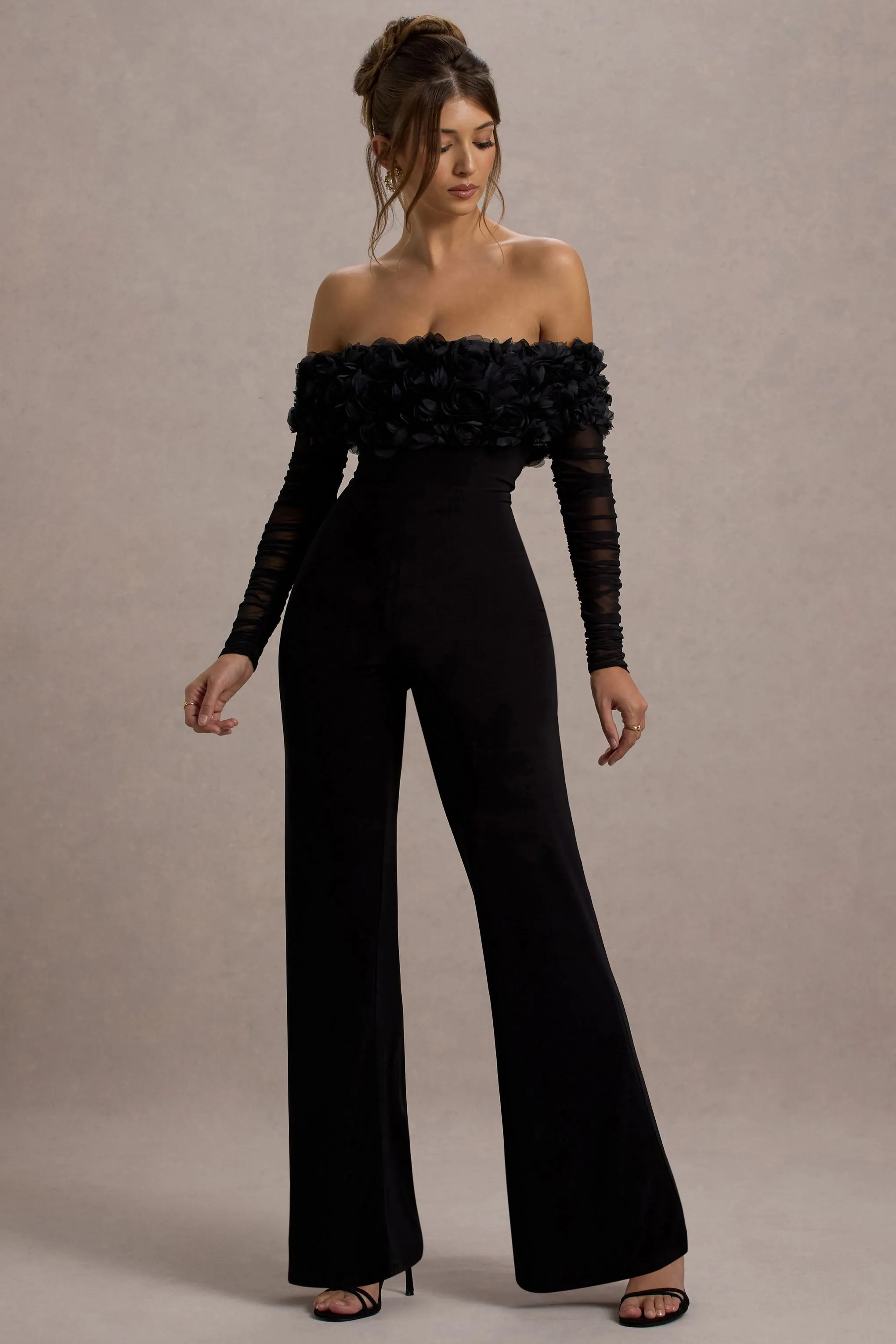 Celebrate | Black Bardot Long-Sleeved Flared-Leg Jumpsuit With Flowers Club L London