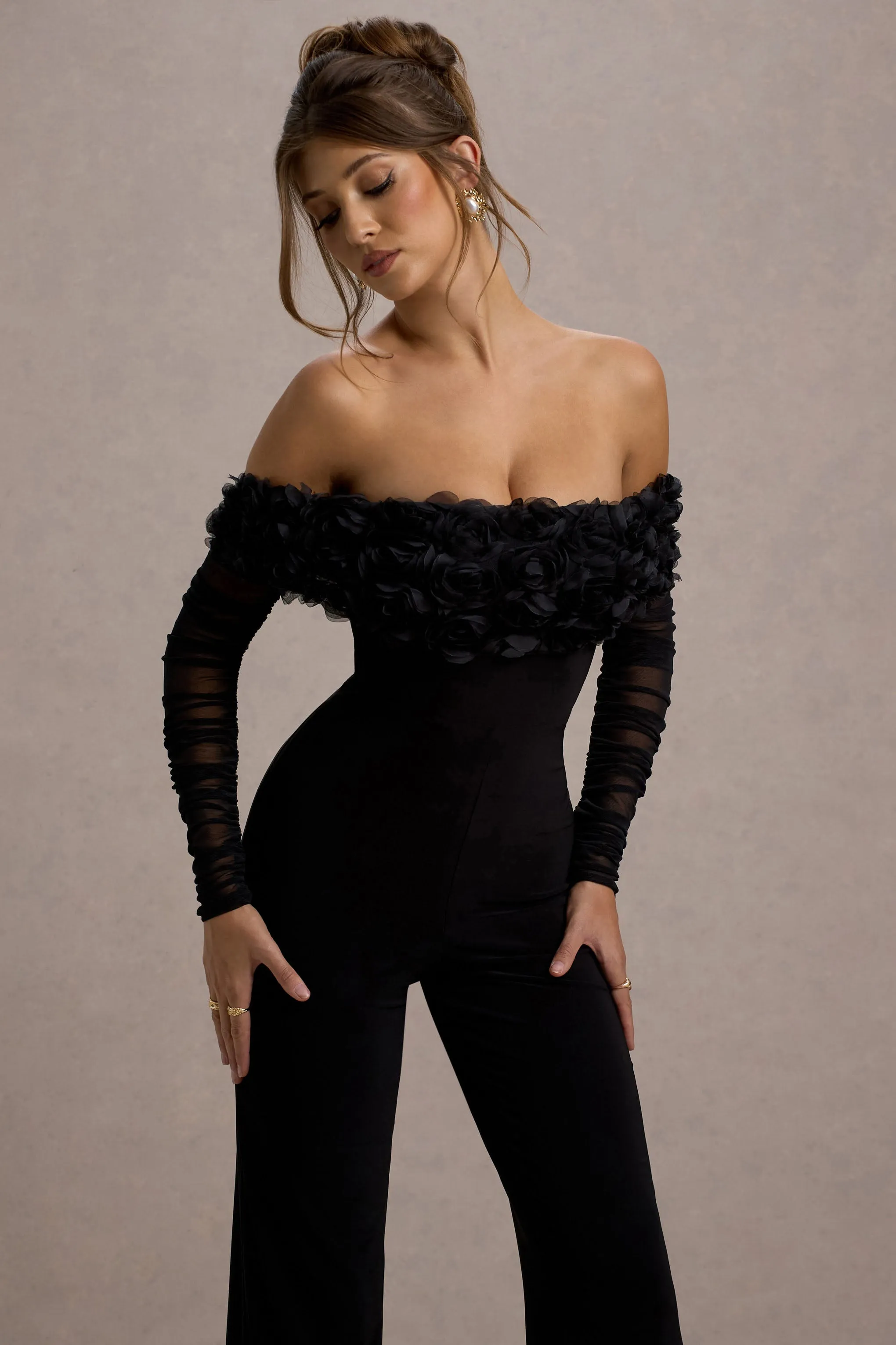 Celebrate | Black Bardot Long-Sleeved Flared-Leg Jumpsuit With Flowers Club L London