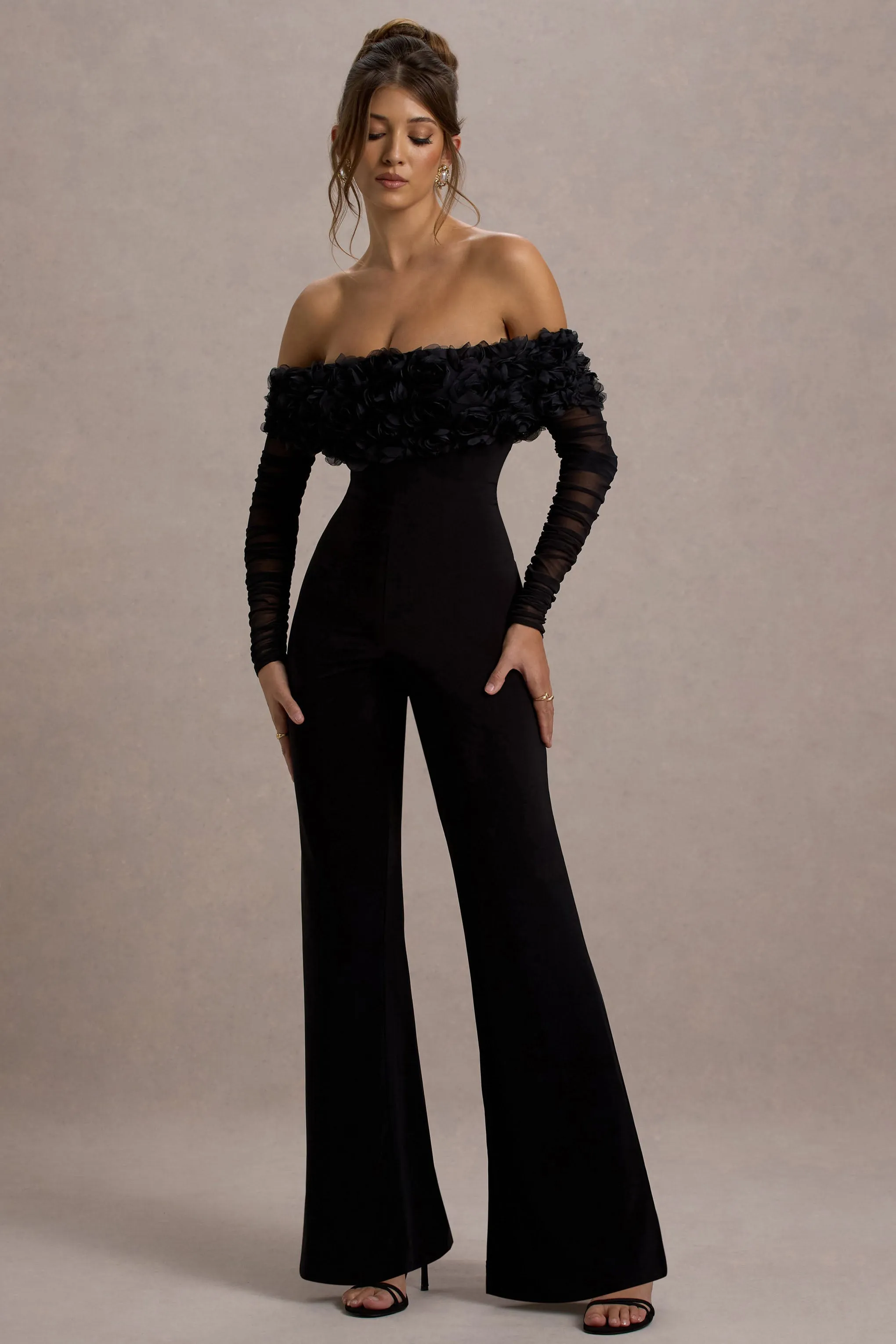 Celebrate | Black Bardot Long-Sleeved Flared-Leg Jumpsuit With Flowers Club L London