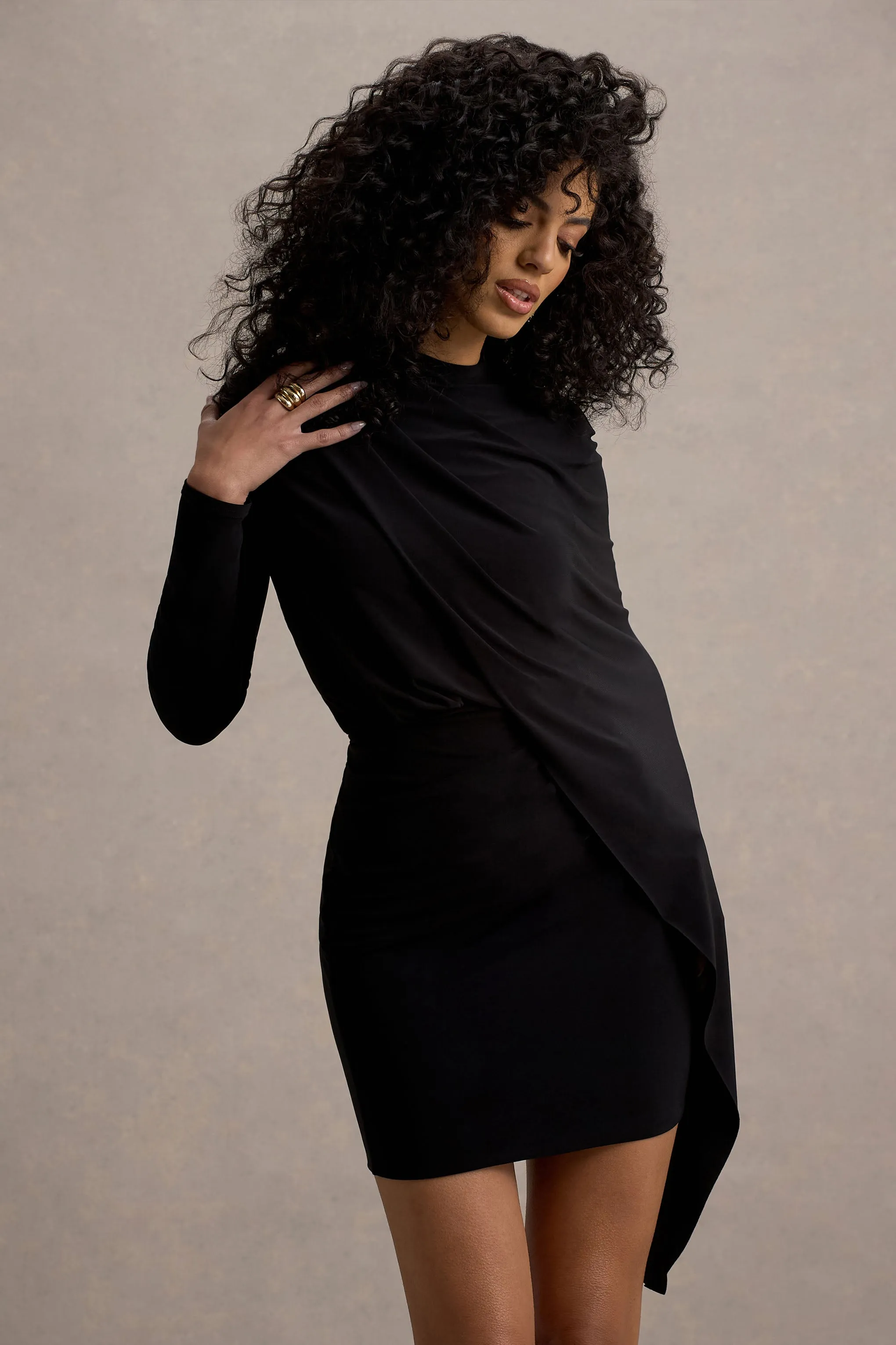 Celeste | Black Long-Sleeve Mini Dress With Cape Sleeve Club L London