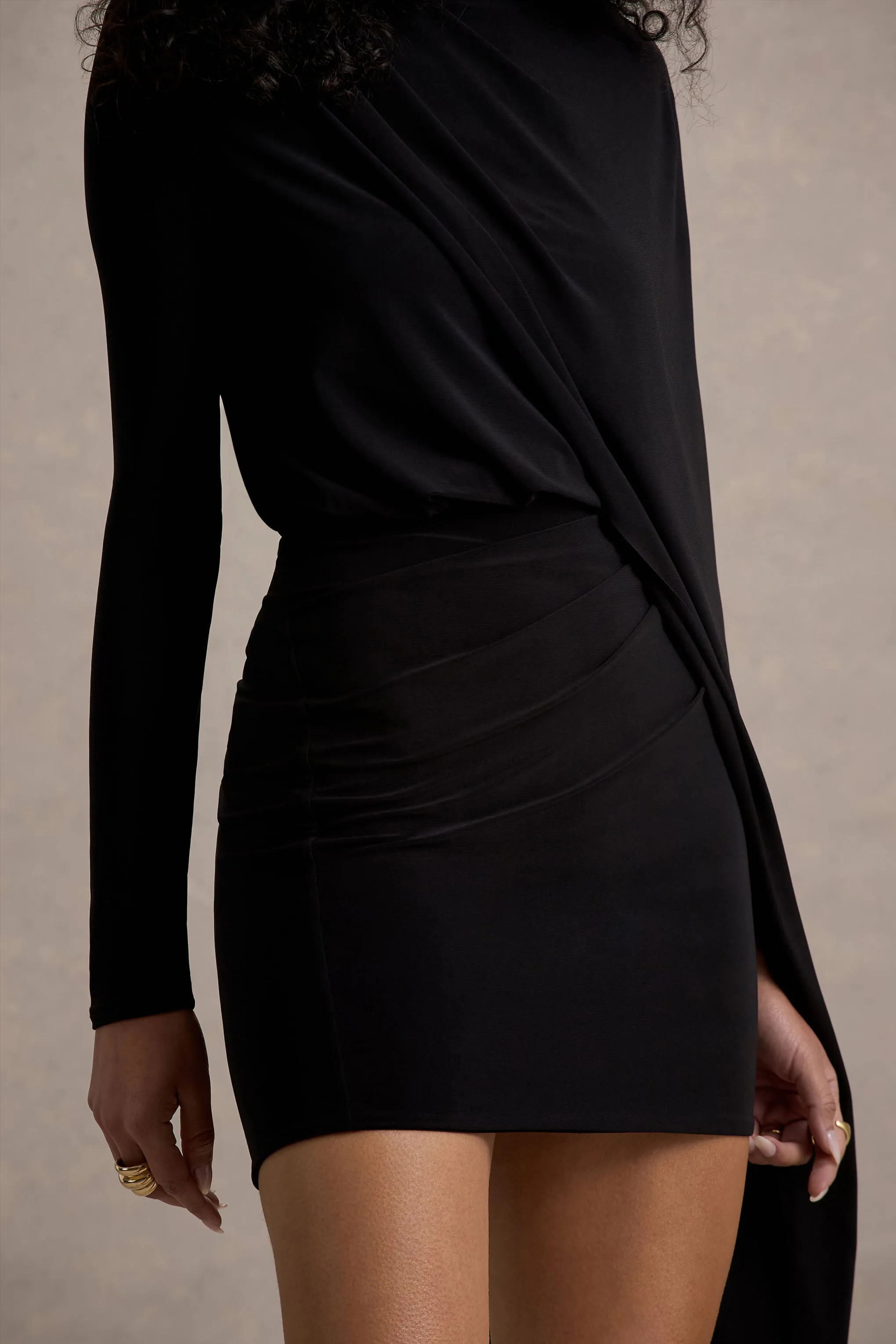 Celeste | Black Long-Sleeve Mini Dress With Cape Sleeve Club L London
