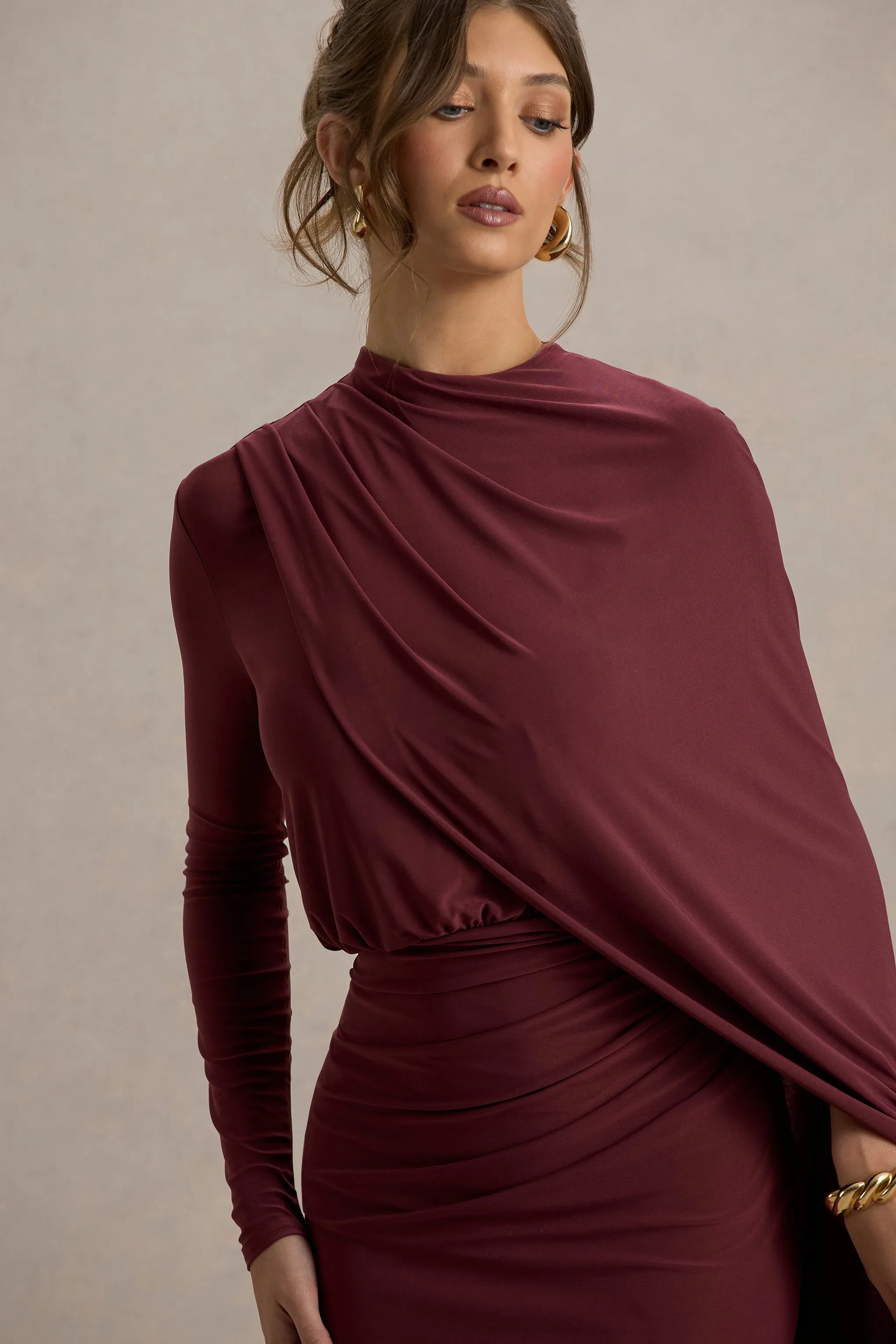 Celeste | Burgundy Long-Sleeve Mini Dress With Cape Sleeve Club L London
