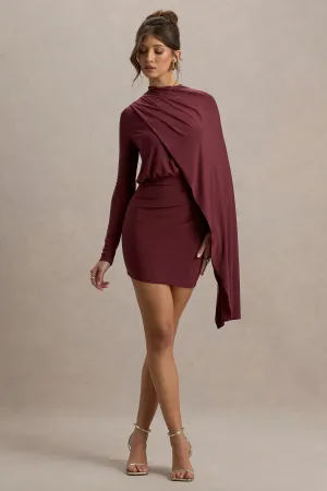 Celeste | Burgundy Long-Sleeve Mini Dress With Cape Sleeve Club L London