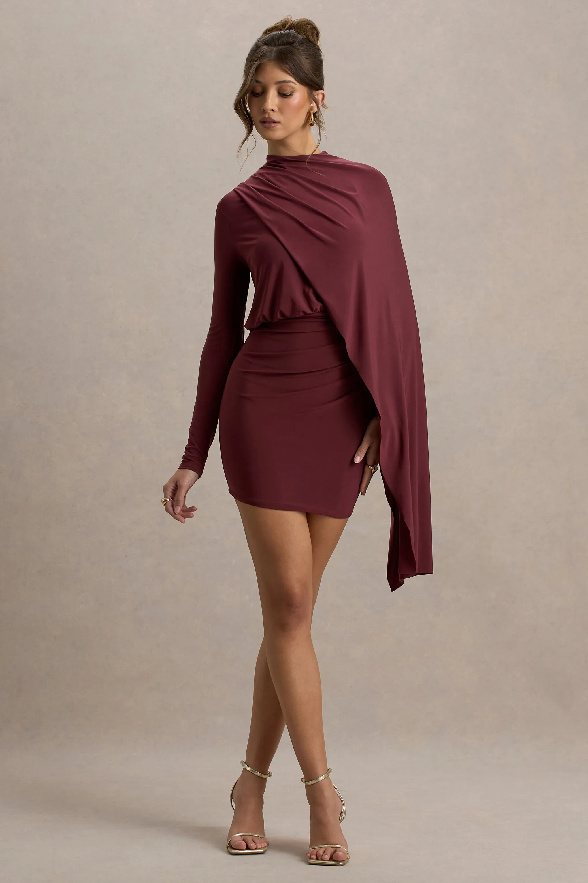 Celeste | Burgundy Long-Sleeve Mini Dress With Cape Sleeve Club L London