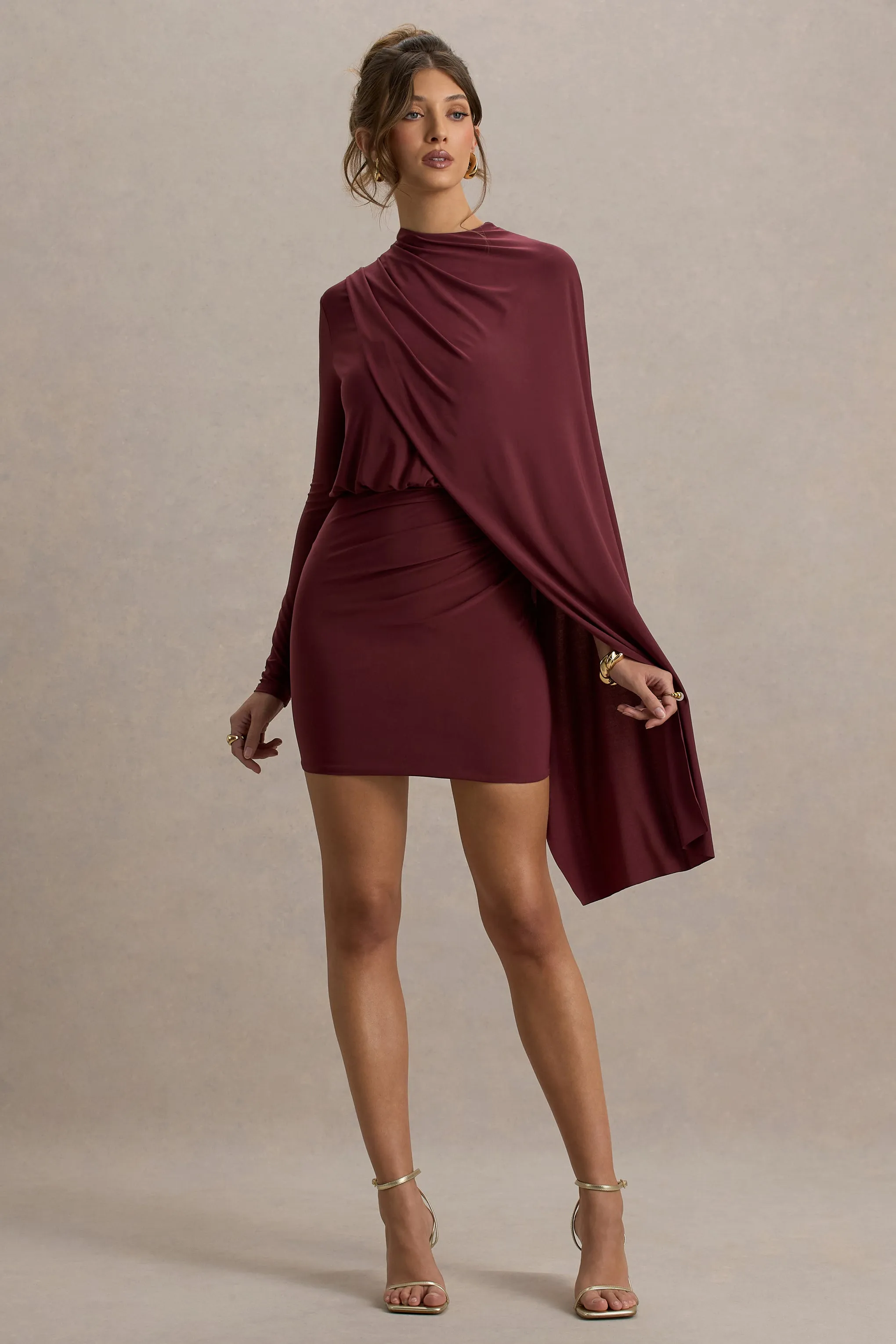 Celeste | Burgundy Long-Sleeve Mini Dress With Cape Sleeve Club L London
