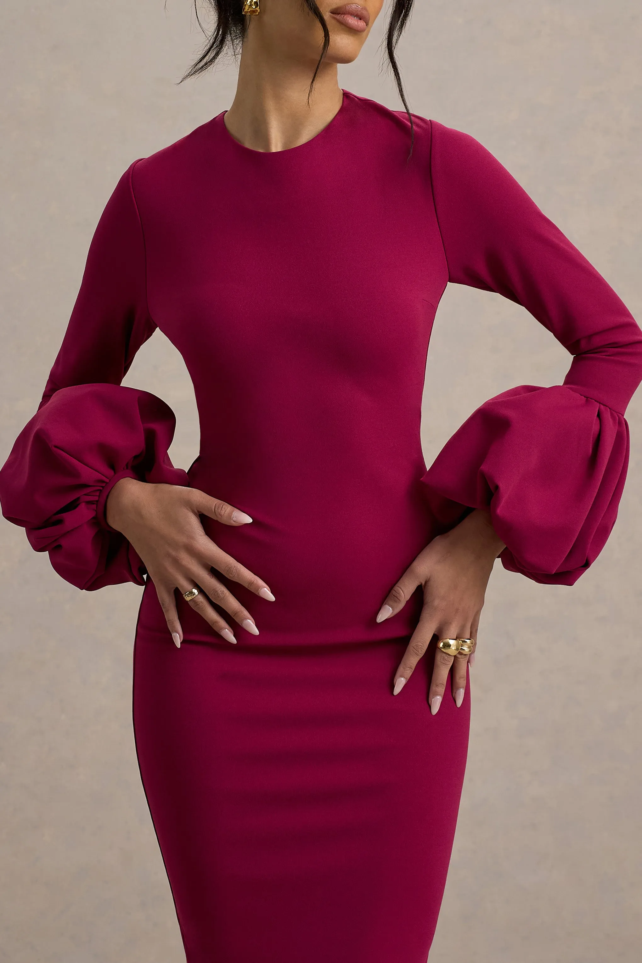 Celie | Mulberry Long-Sleeve Midi Dress With Puff Cuffs Club L London