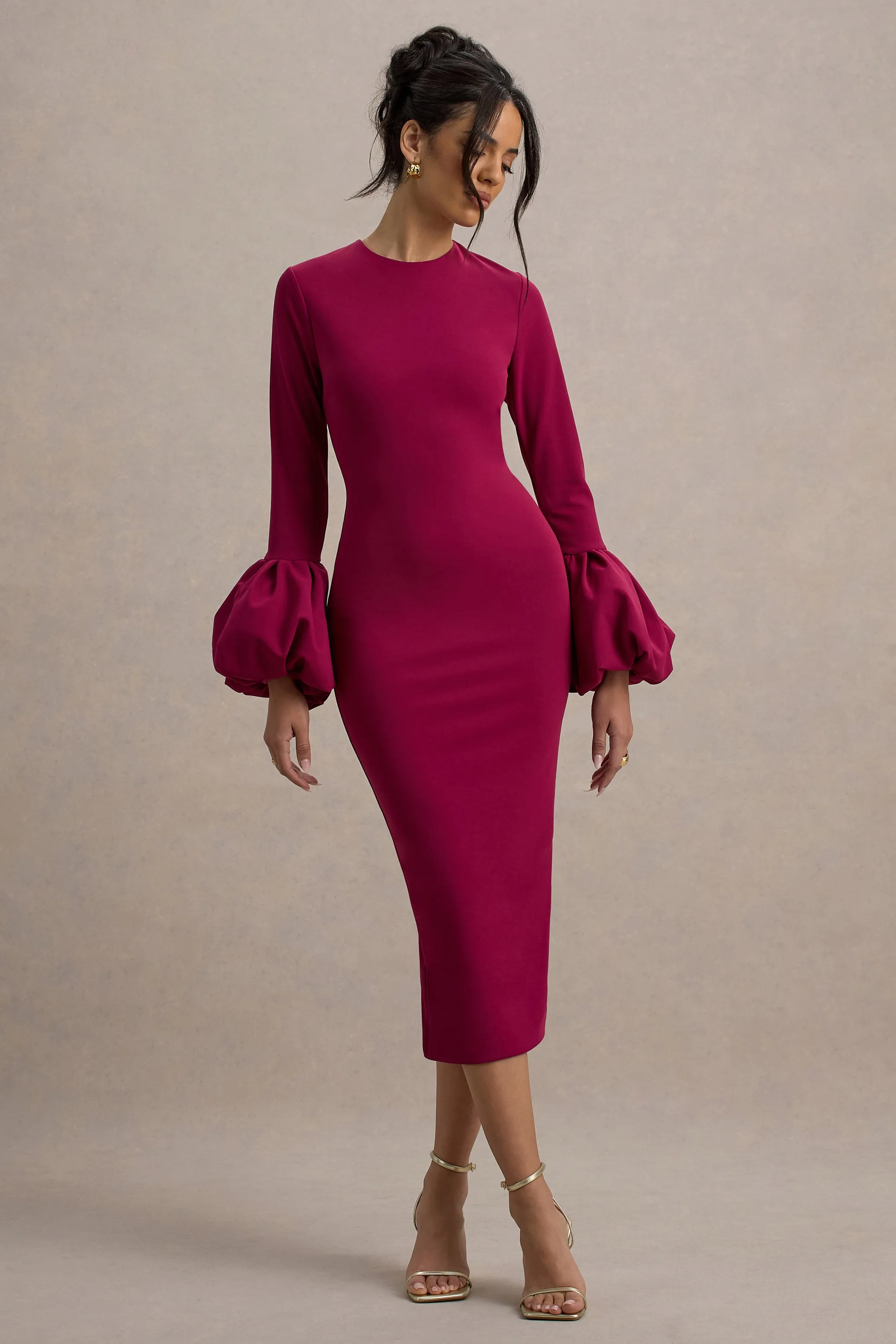 Celie | Mulberry Long-Sleeve Midi Dress With Puff Cuffs Club L London