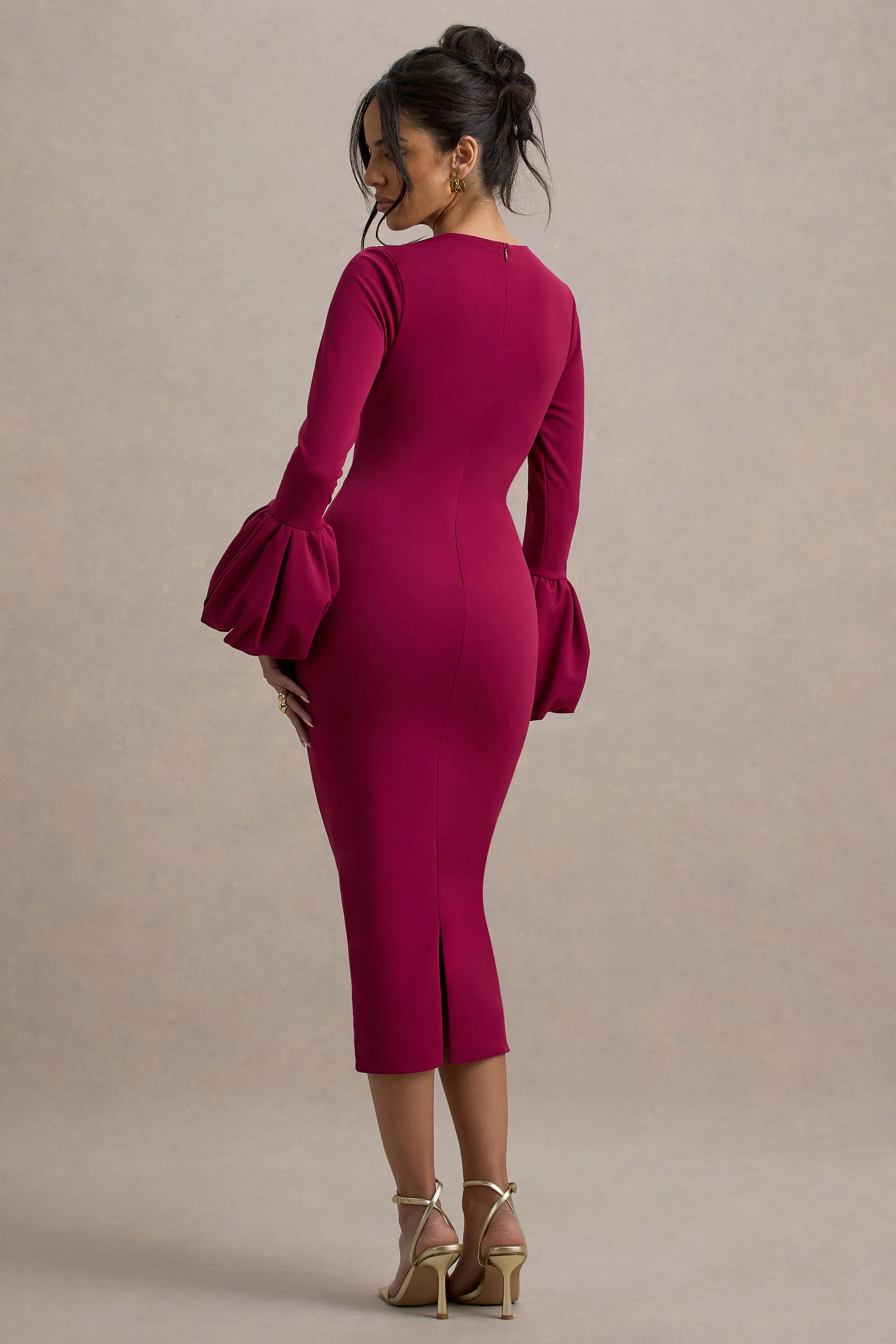Celie | Mulberry Long-Sleeve Midi Dress With Puff Cuffs Club L London