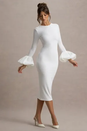 Celie | White Long-Sleeve Midi Dress With Puff Cuffs Club L London