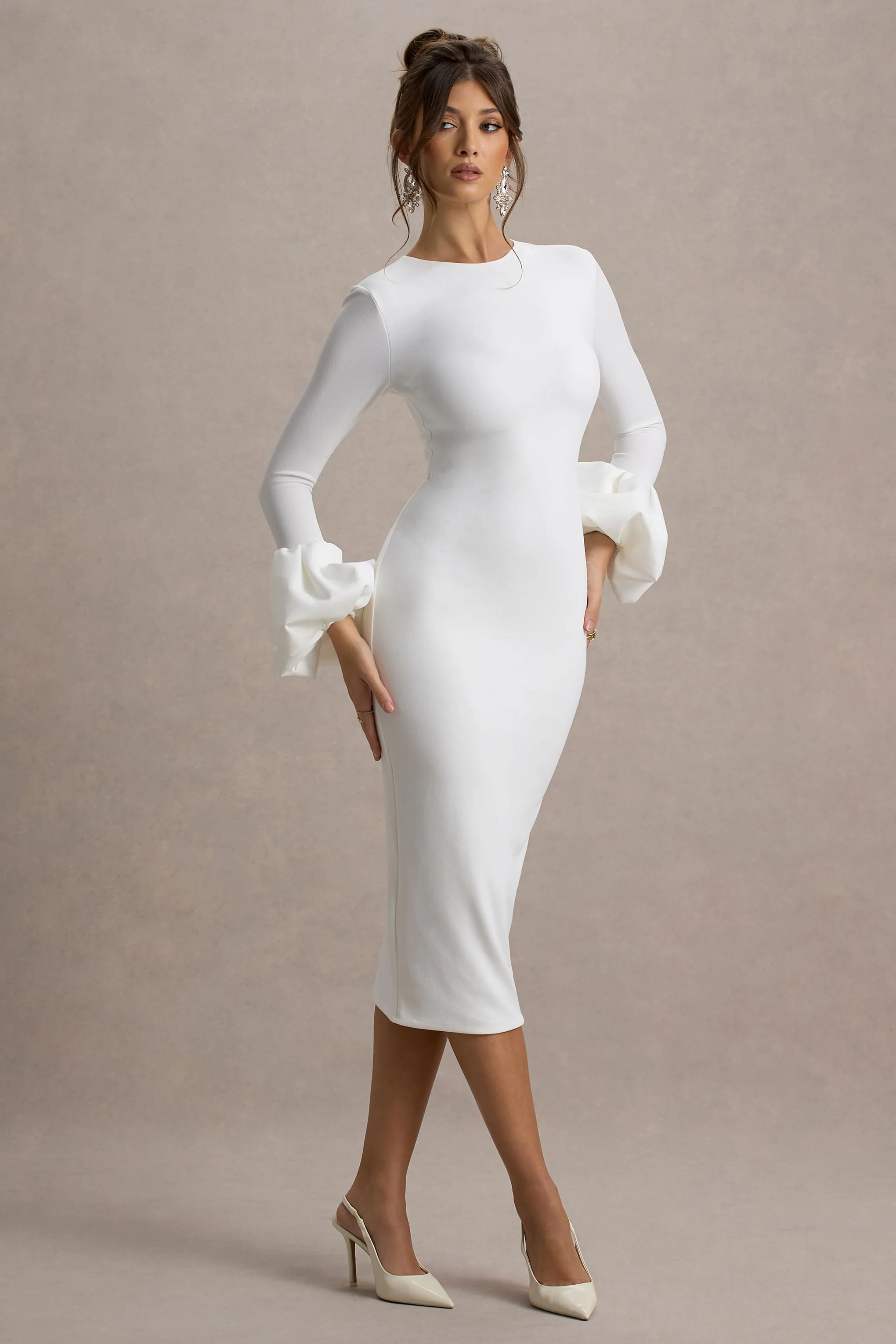 Celie | White Long-Sleeve Midi Dress With Puff Cuffs Club L London