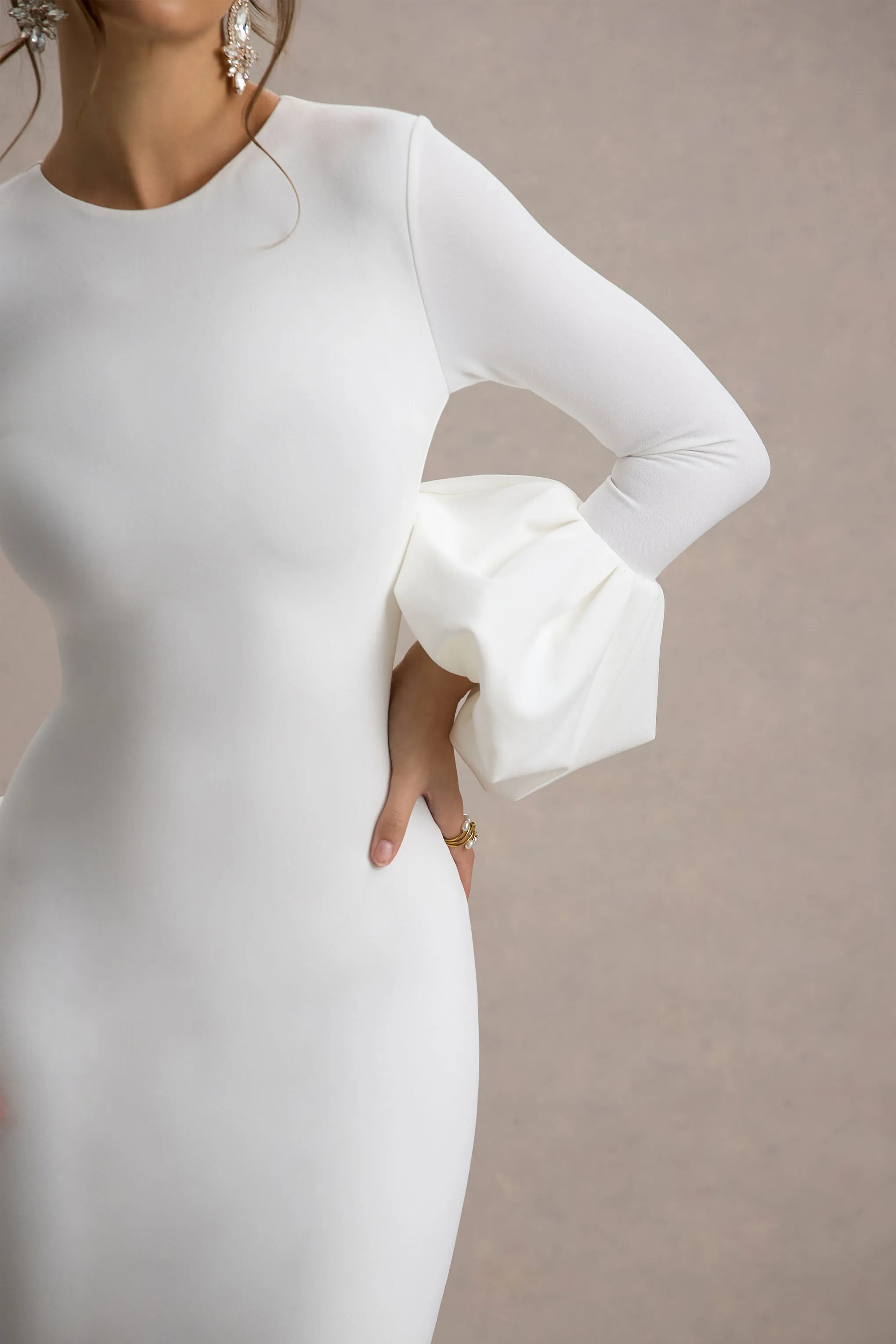 Celie | White Long-Sleeve Midi Dress With Puff Cuffs Club L London