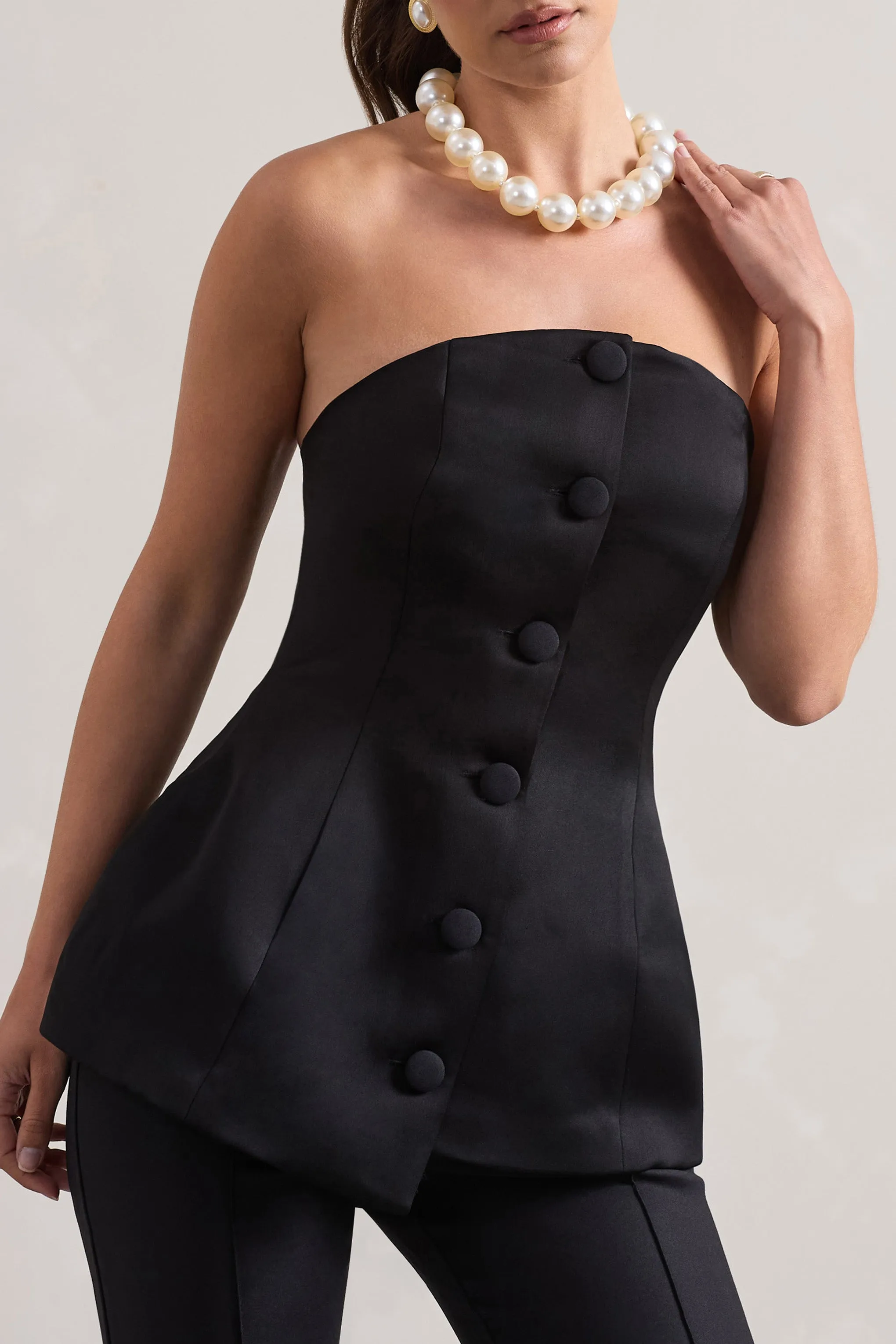 Century | Black Satin Strapless Button Front Corset Top Club L London