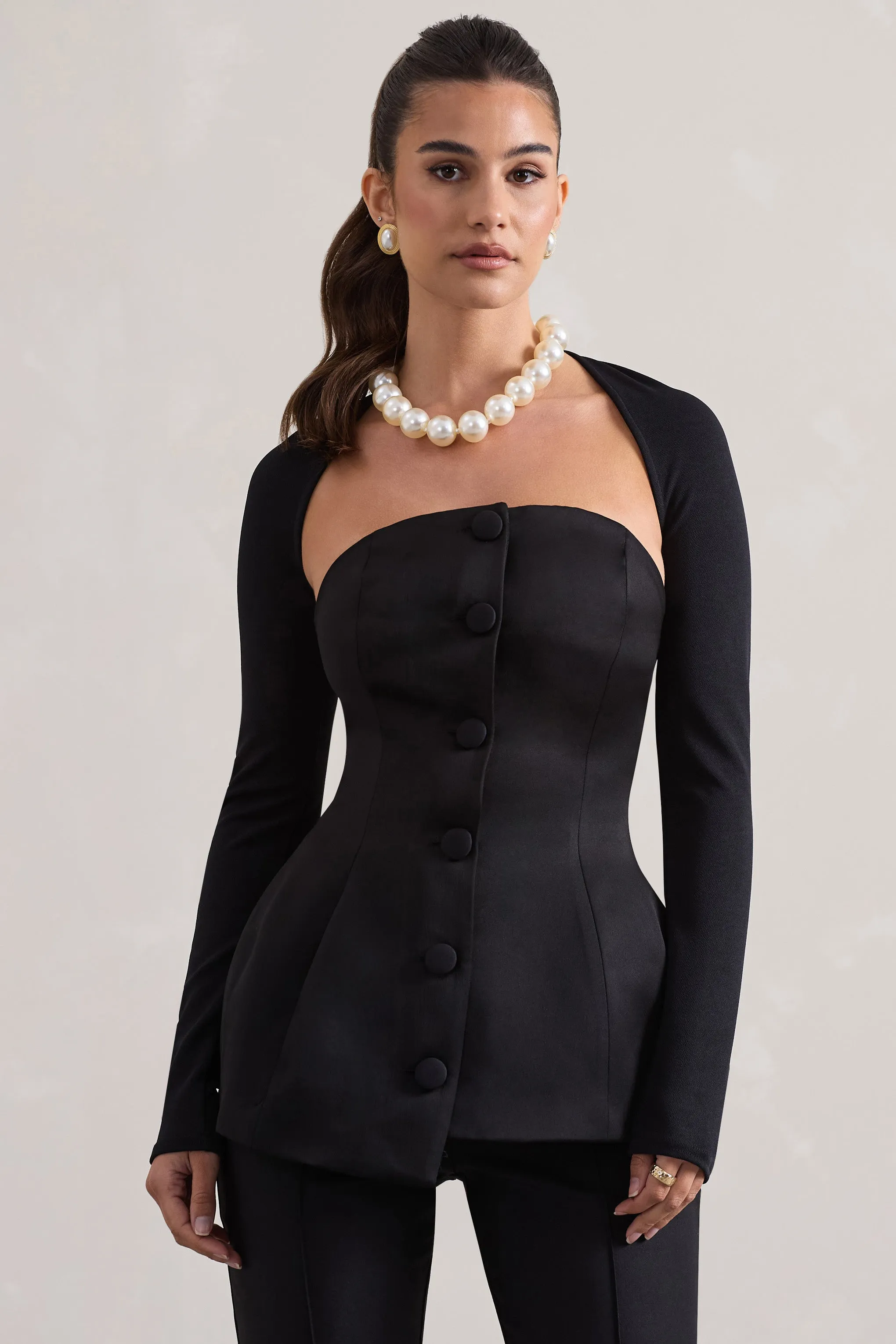 Century | Black Satin Strapless Button Front Corset Top Club L London