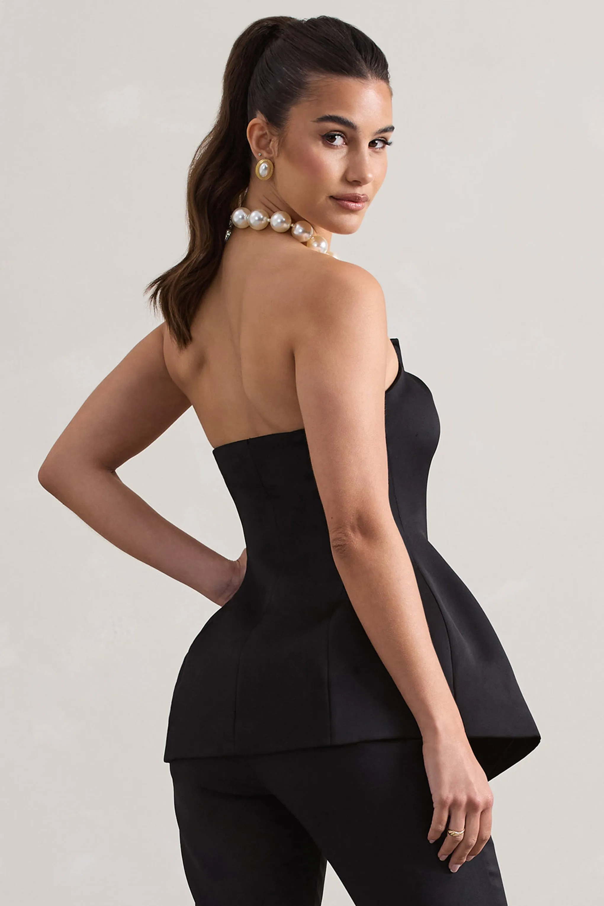 Century | Black Satin Strapless Button Front Corset Top Club L London
