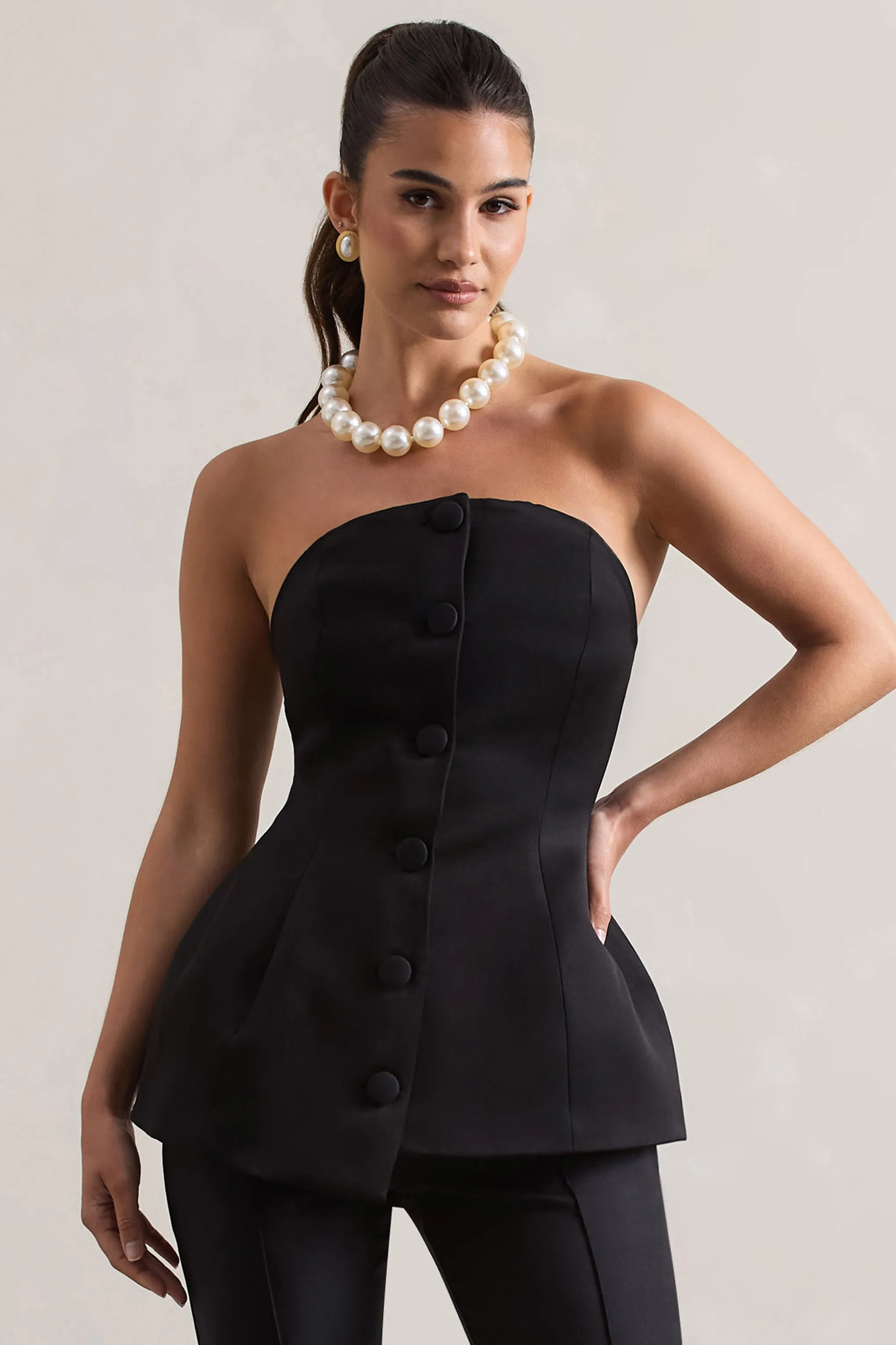 Century | Black Satin Strapless Button Front Corset Top Club L London