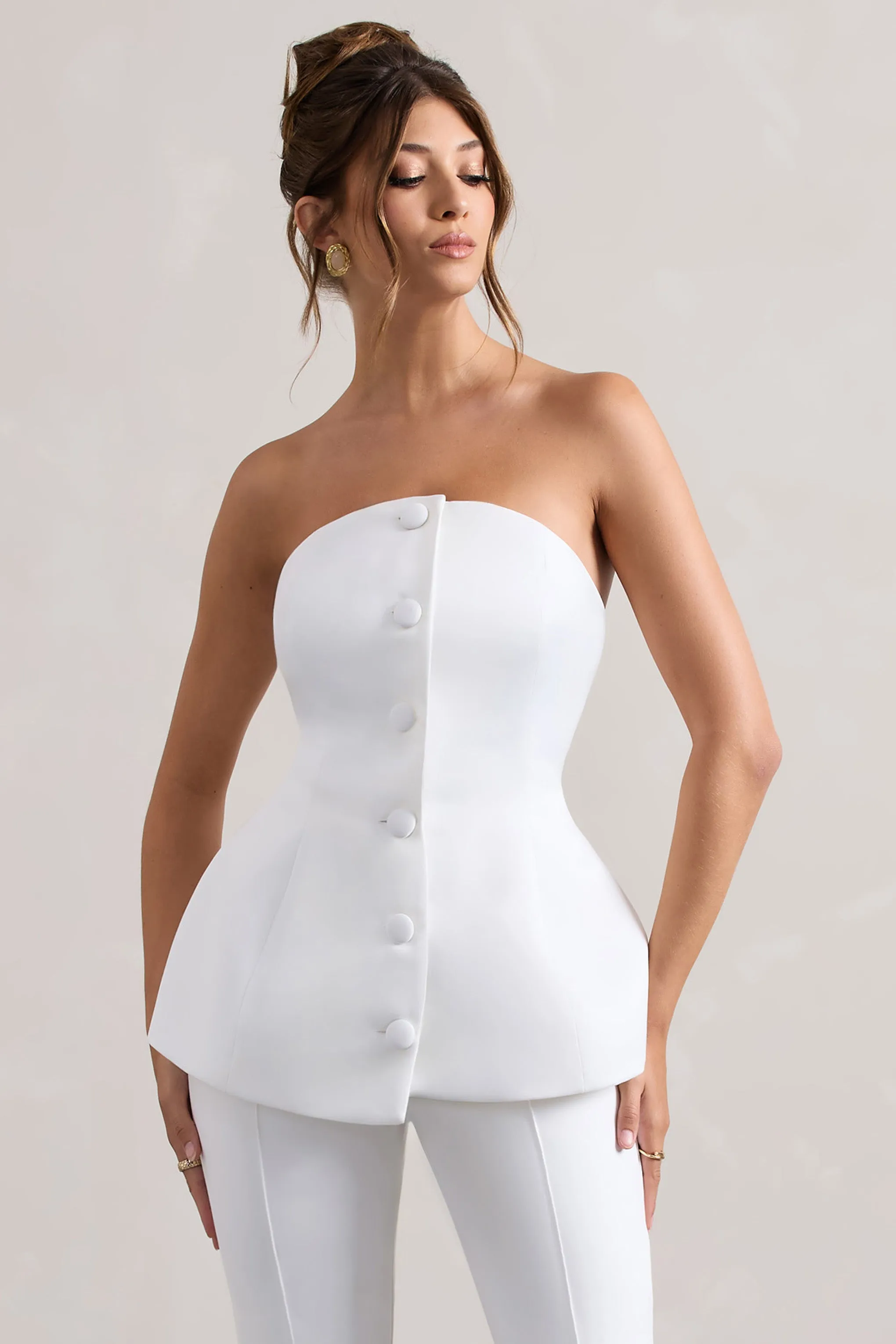 Century | Cream Satin Strapless Button Front Corset Top Club L London