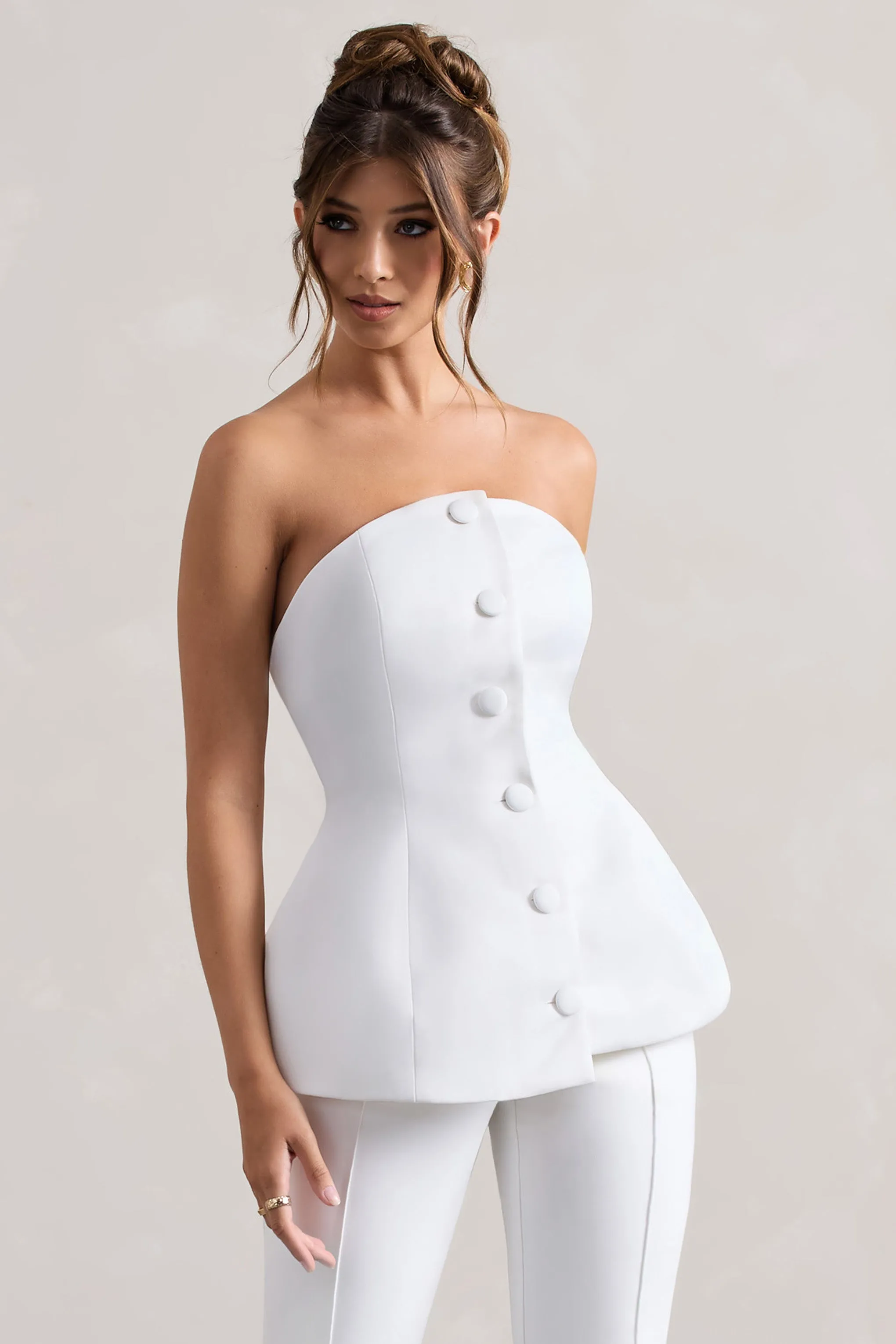 Century | Cream Satin Strapless Button Front Corset Top Club L London