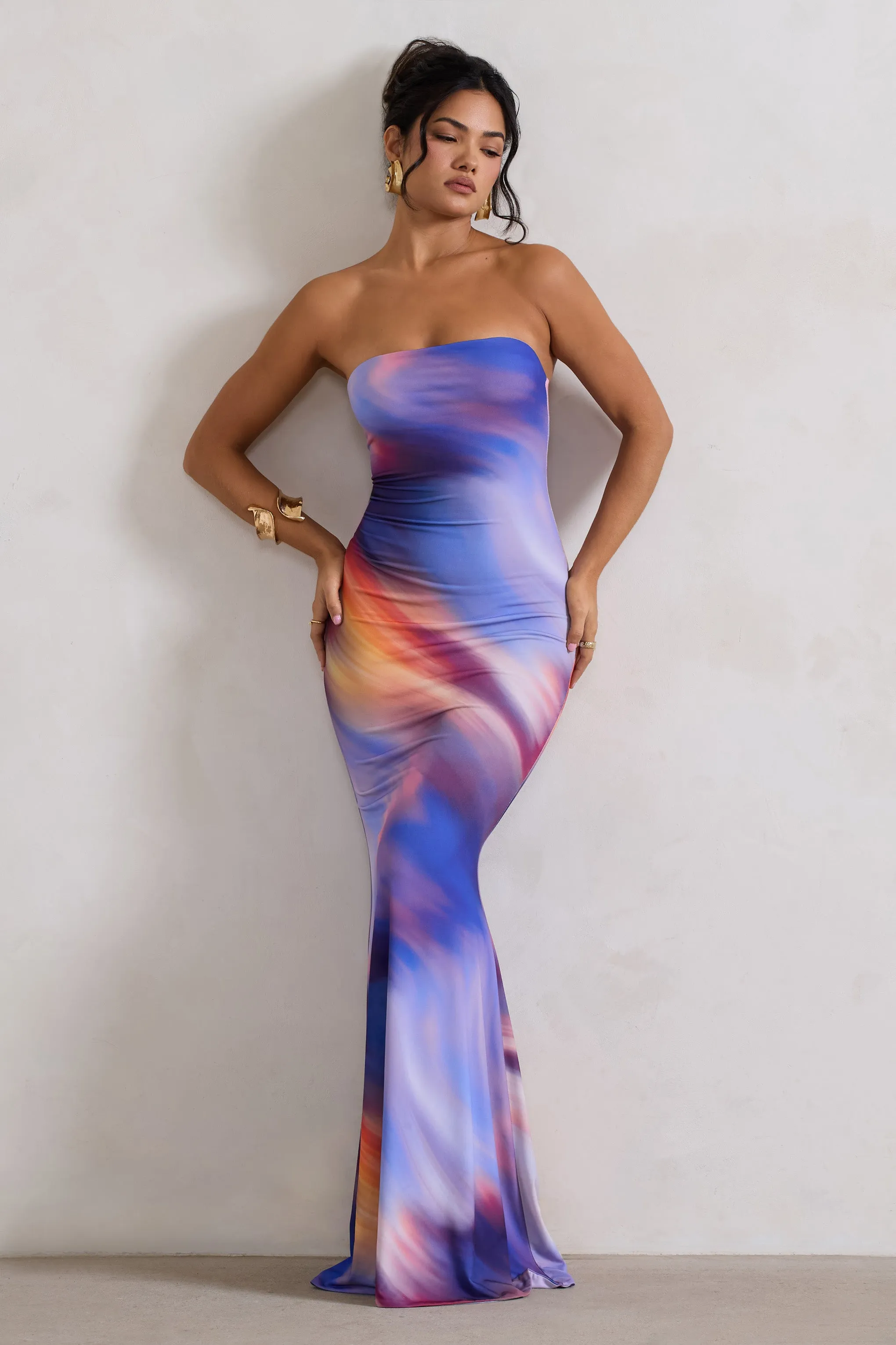 Ceremony | Abstract Print Bandeau Fishtail Maxi Dress Club L London