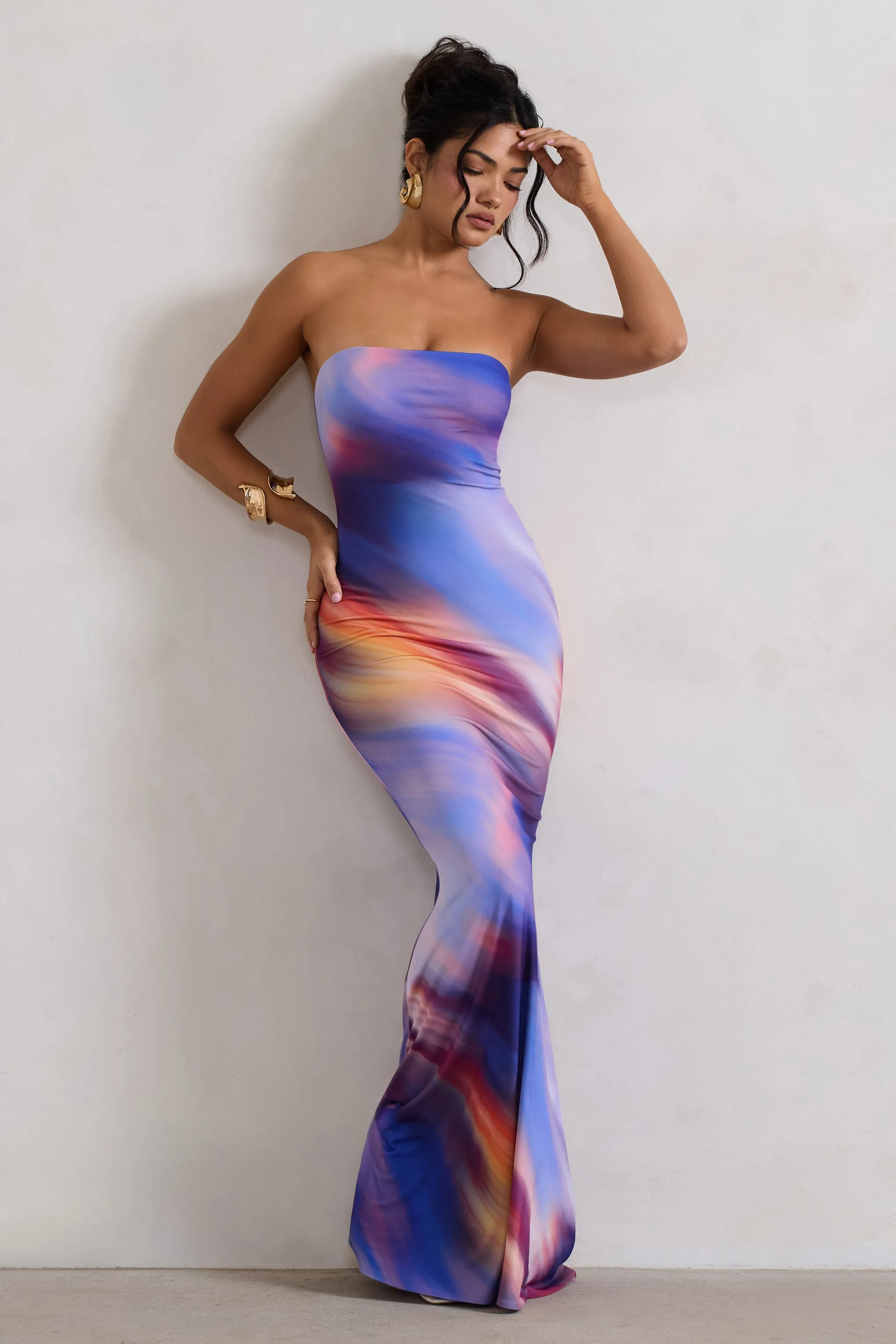 Ceremony | Abstract Print Bandeau Fishtail Maxi Dress Club L London