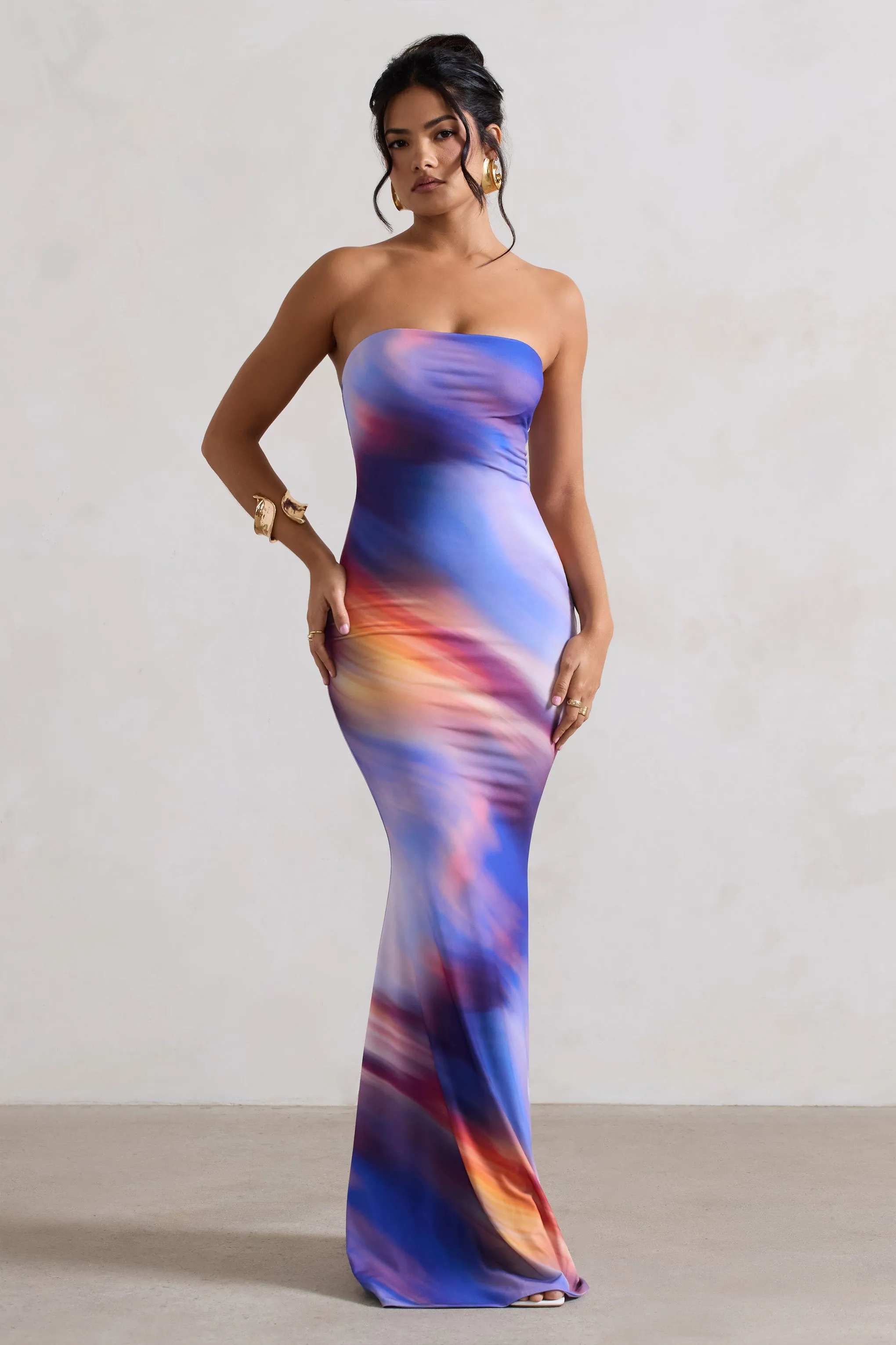 Ceremony | Abstract Print Bandeau Fishtail Maxi Dress Club L London
