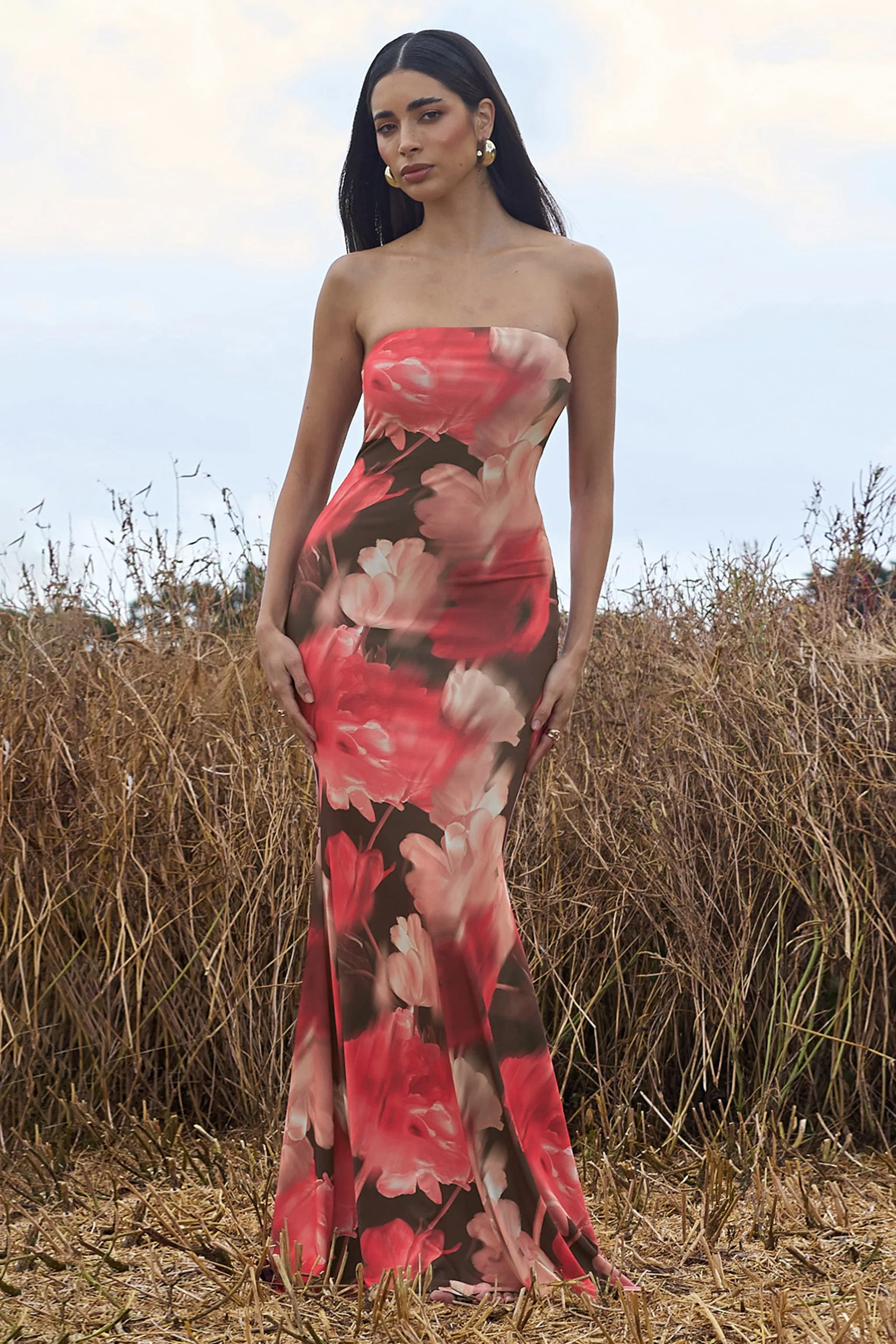 Ceremony | Red Floral Print Bandeau Fishtail Maxi Dress Club L London