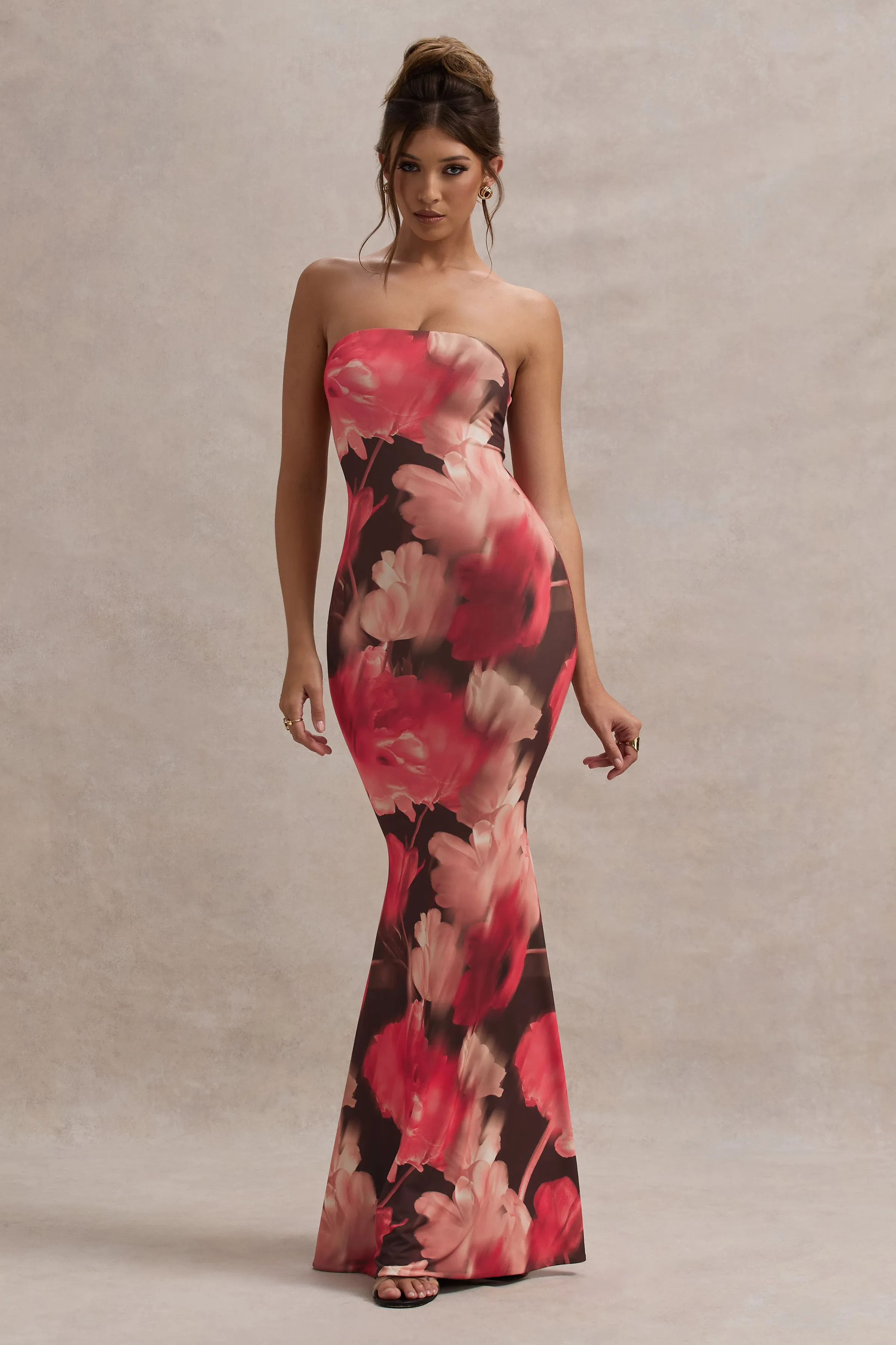 Ceremony | Red Floral Print Bandeau Fishtail Maxi Dress Club L London
