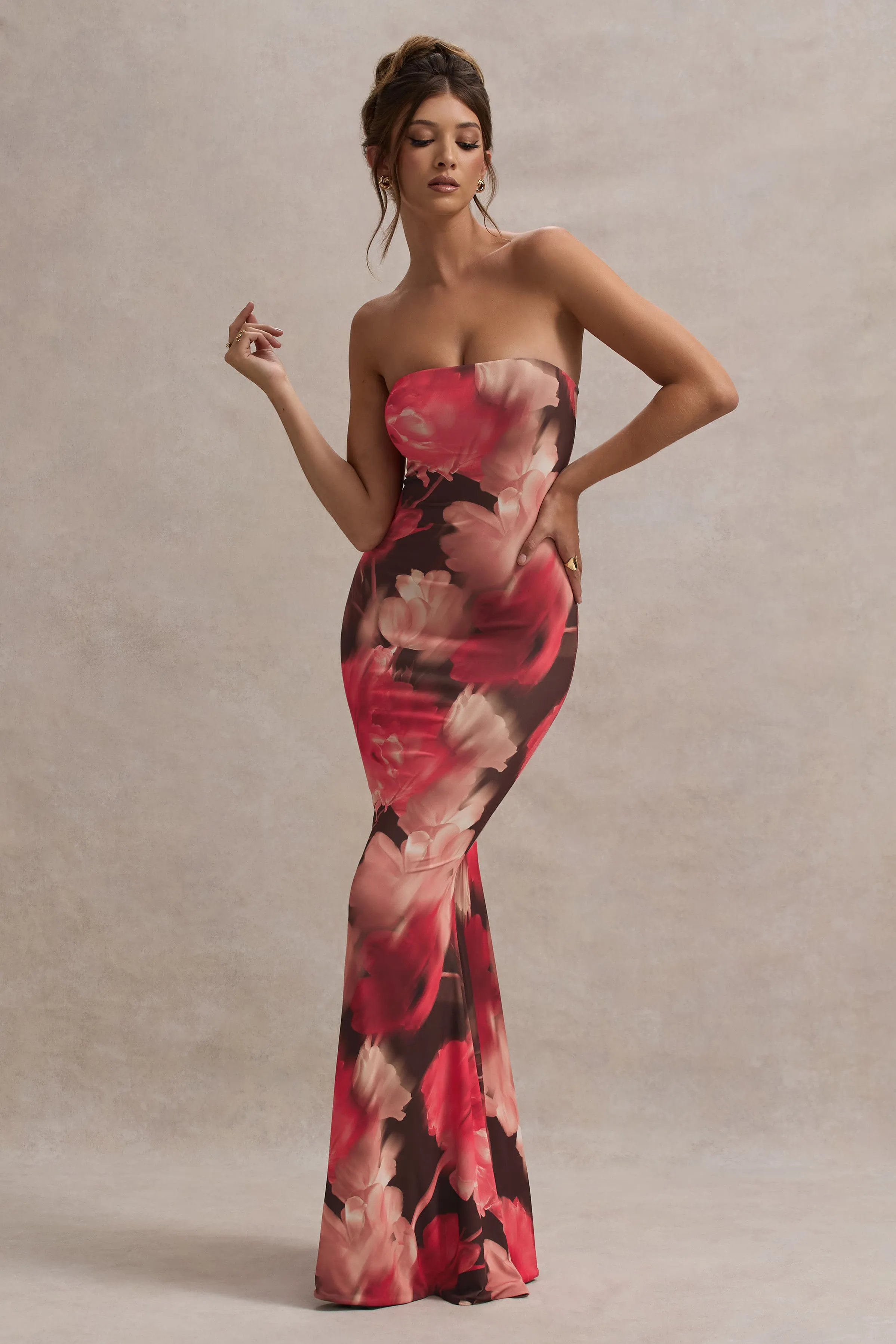 Ceremony | Red Floral Print Bandeau Fishtail Maxi Dress Club L London