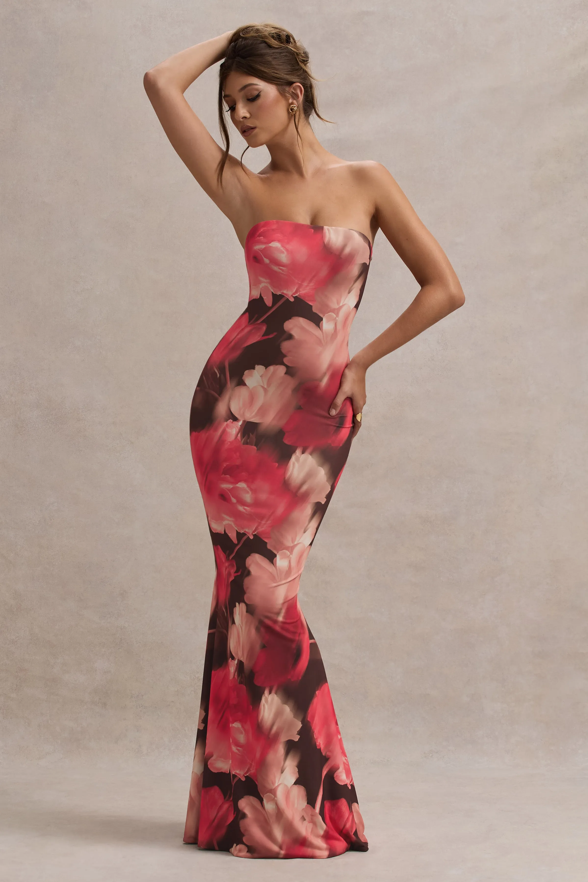 Ceremony | Red Floral Print Bandeau Fishtail Maxi Dress Club L London