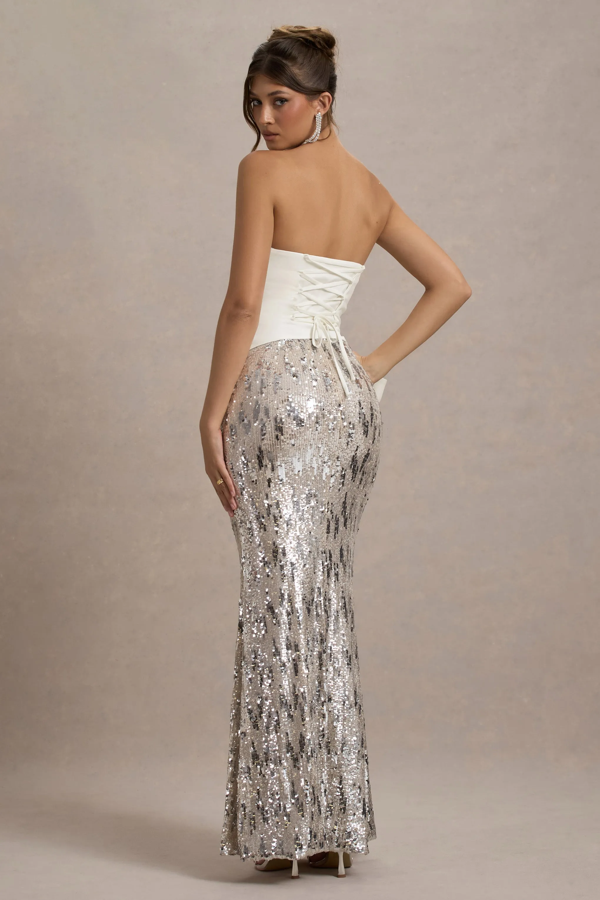 Ceres | Ecru Strapless Draped Maxi Dress With Sequin Skirt Club L London