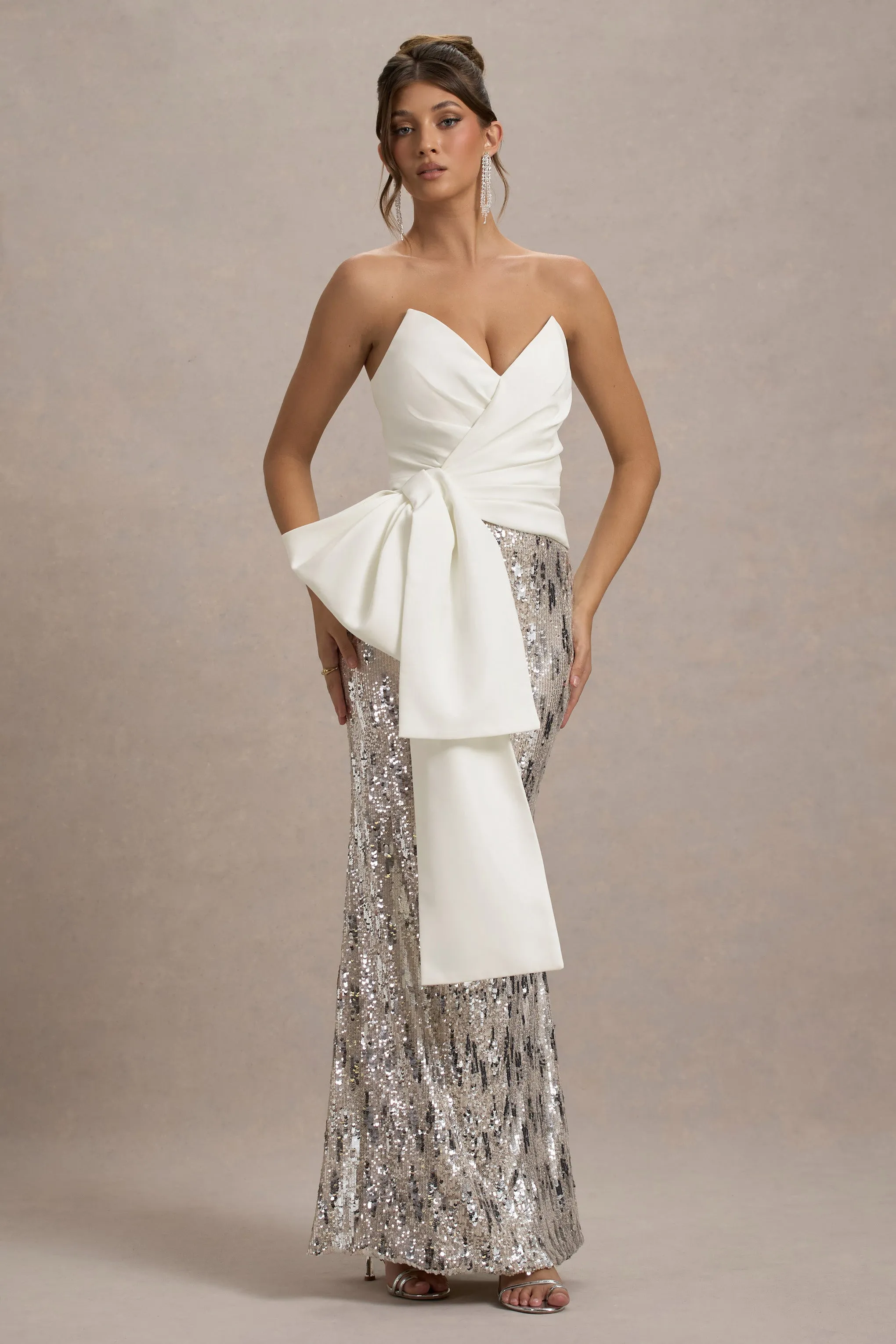 Ceres | Ecru Strapless Draped Maxi Dress With Sequin Skirt Club L London
