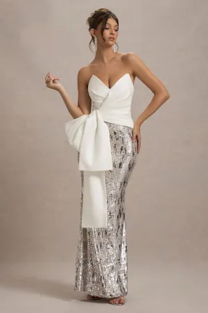Ceres | Ecru Strapless Draped Maxi Dress With Sequin Skirt Club L London