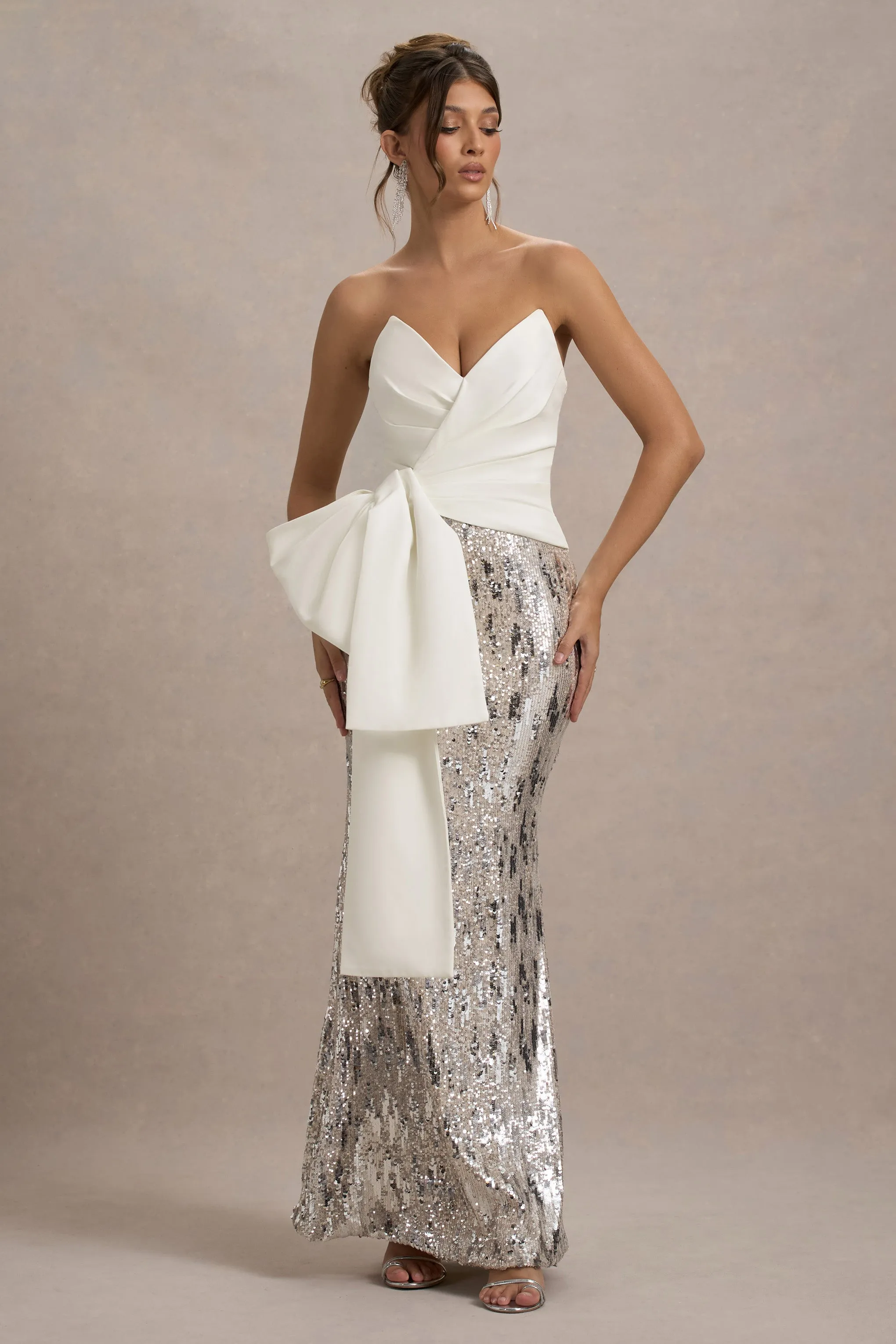 Ceres | Ecru Strapless Draped Maxi Dress With Sequin Skirt Club L London