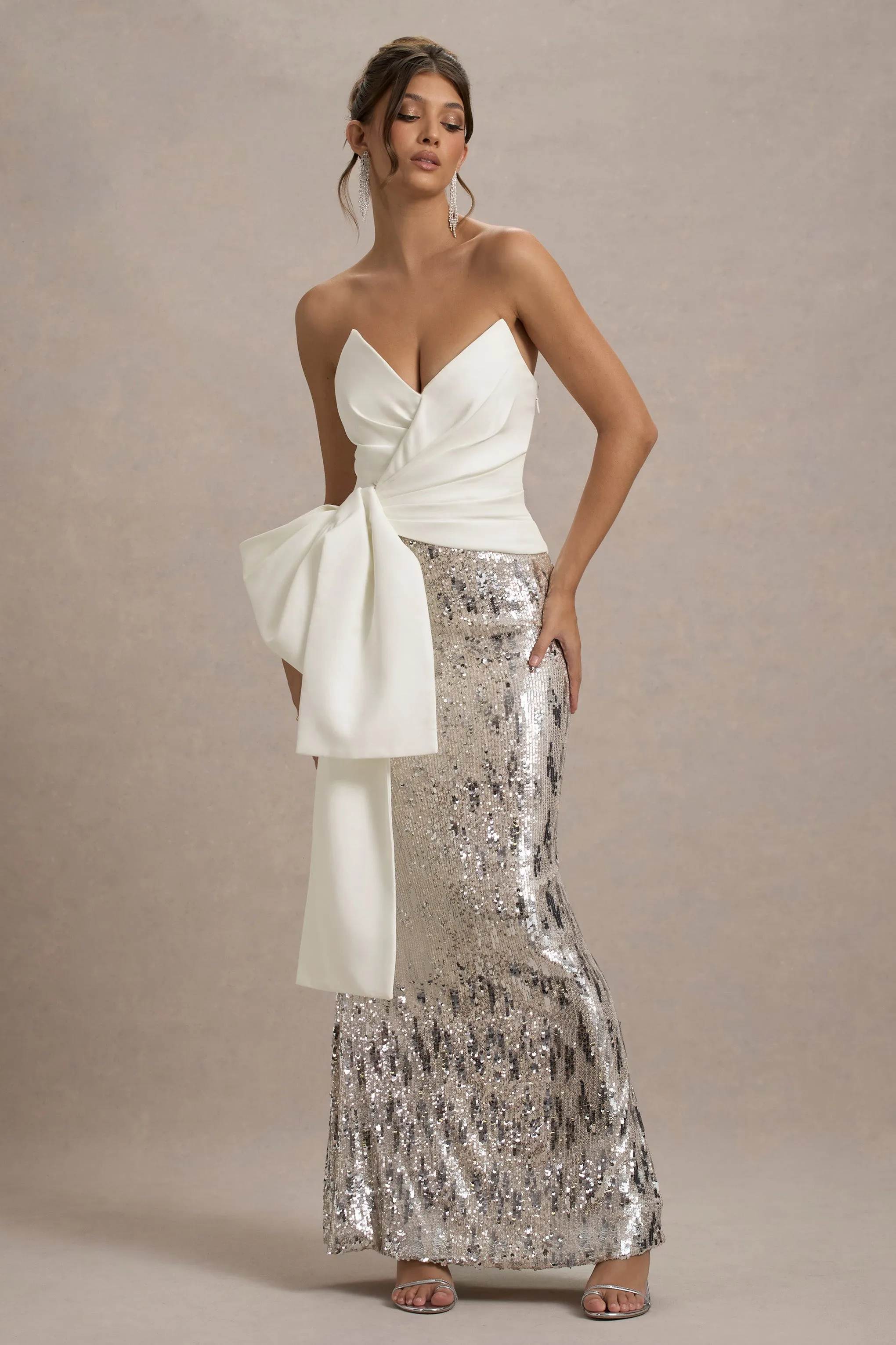 Ceres | Ecru Strapless Draped Maxi Dress With Sequin Skirt Club L London