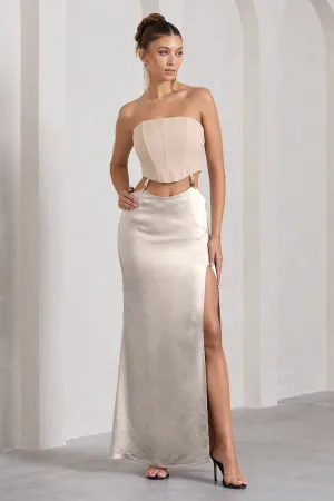 Champagne Showers | Nude Satin Strapless Split Maxi Dress Club L London