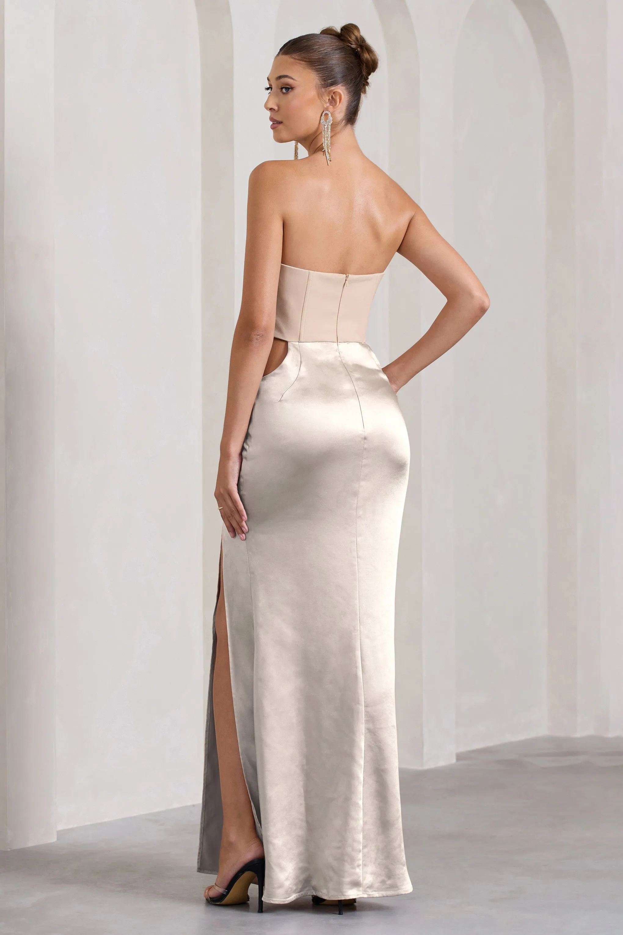 Champagne Showers | Nude Satin Strapless Split Maxi Dress Club L London