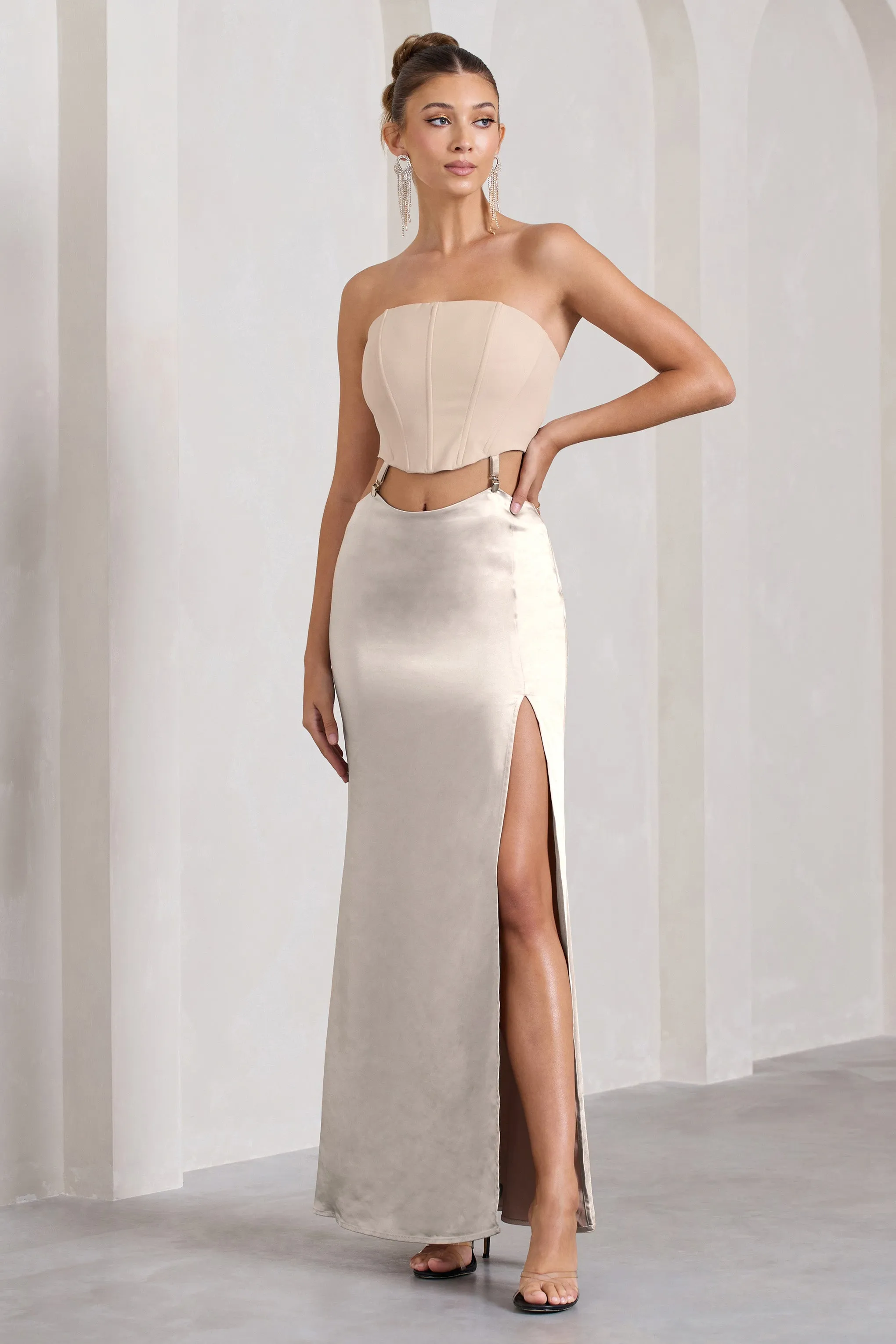 Champagne Showers | Nude Satin Strapless Split Maxi Dress Club L London