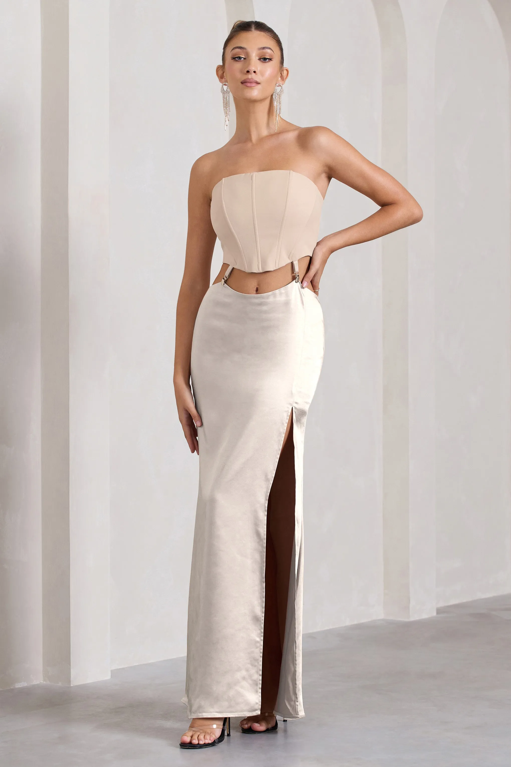 Champagne Showers | Nude Satin Strapless Split Maxi Dress Club L London