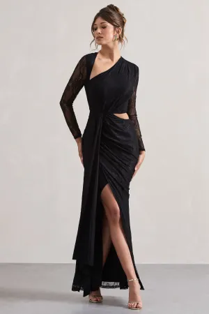 Chantilly | Black Lace Asymmetric Cut-Out Draped Maxi Dress Club L London