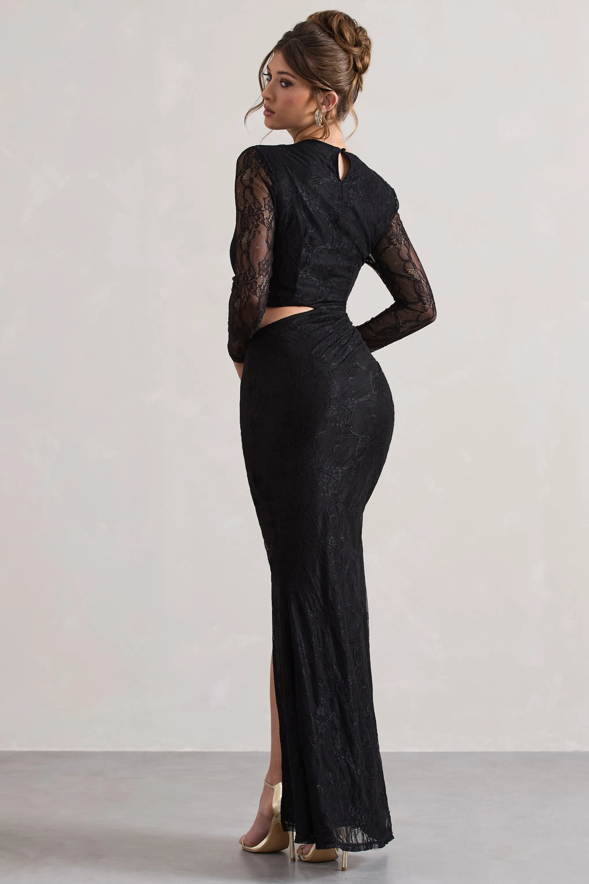 Chantilly | Black Lace Asymmetric Cut-Out Draped Maxi Dress Club L London