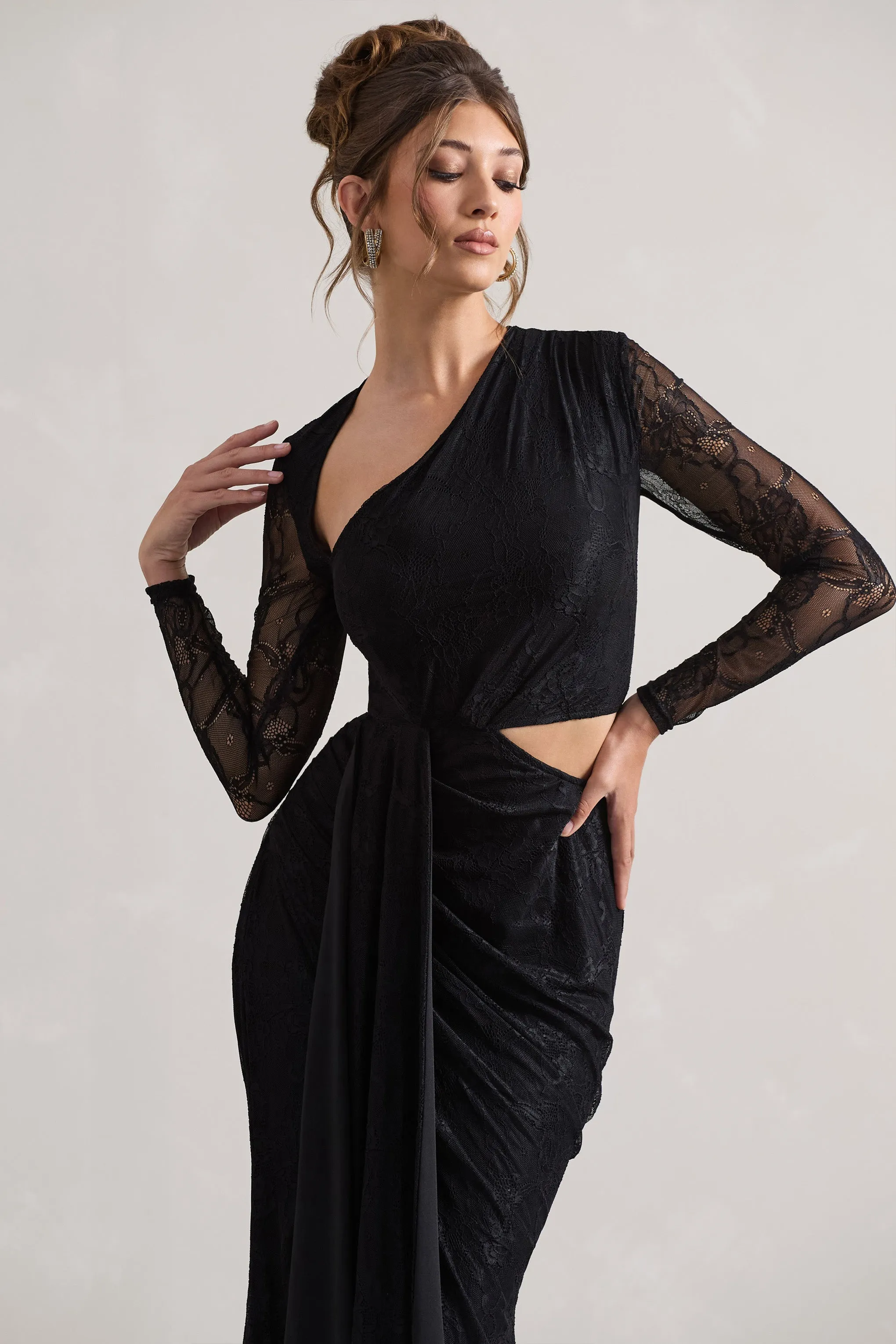 Chantilly | Black Lace Asymmetric Cut-Out Draped Maxi Dress Club L London