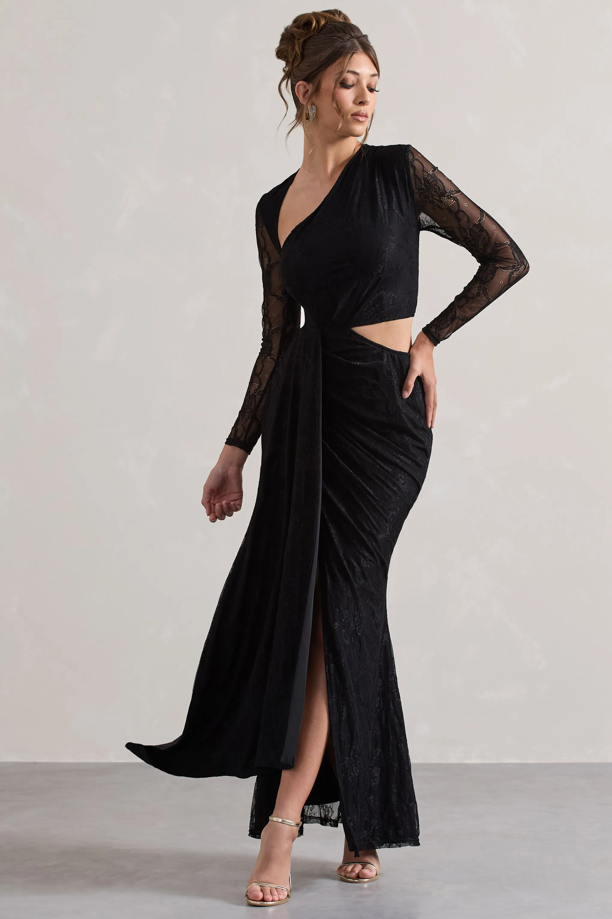 Chantilly | Black Lace Asymmetric Cut-Out Draped Maxi Dress Club L London