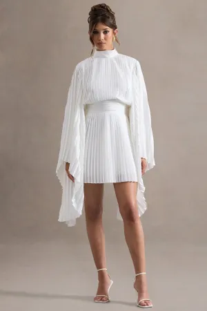 Charity | White Pleated High-Neck Mini Dress With Cape Sleeves Club L London