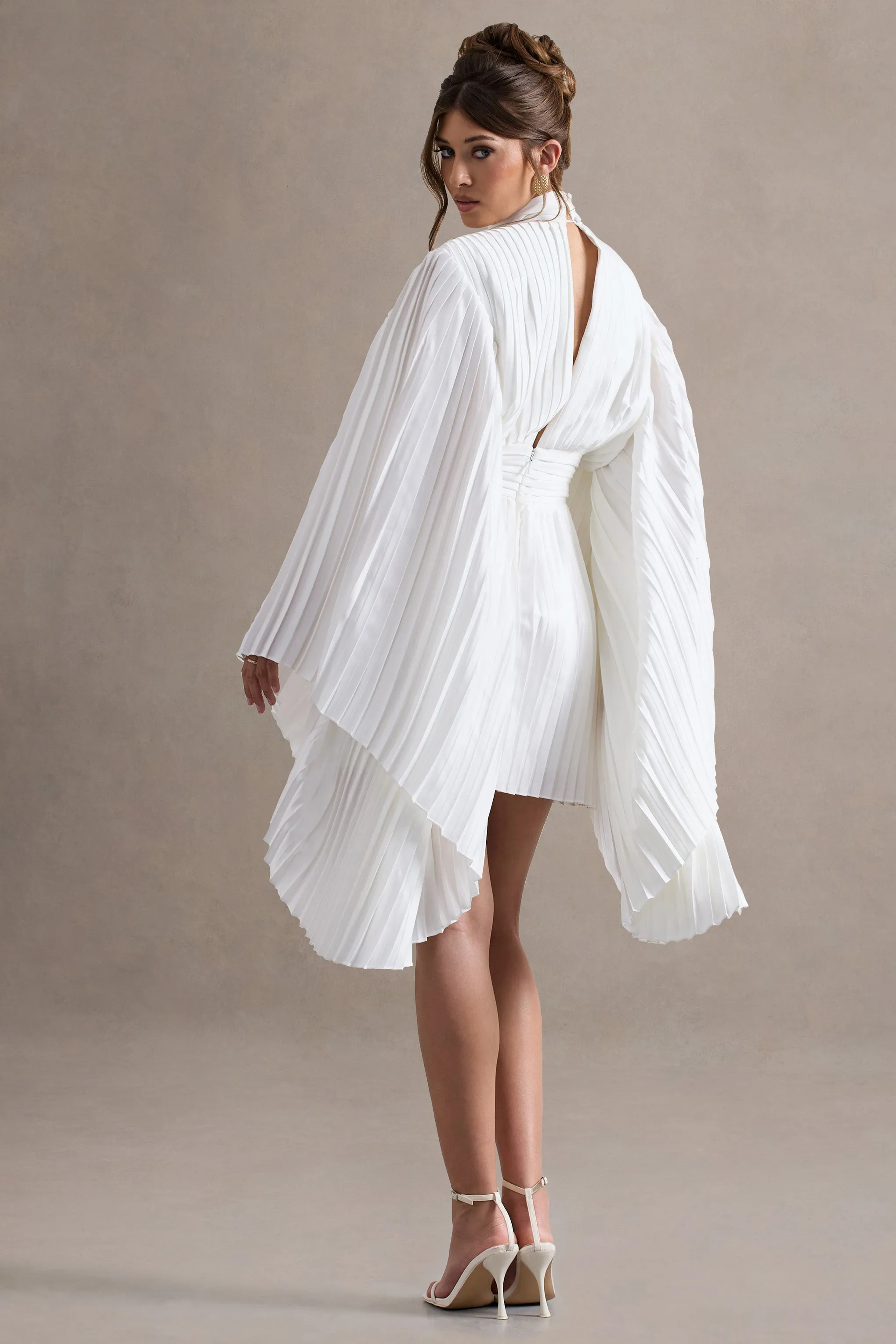Charity | White Pleated High-Neck Mini Dress With Cape Sleeves Club L London