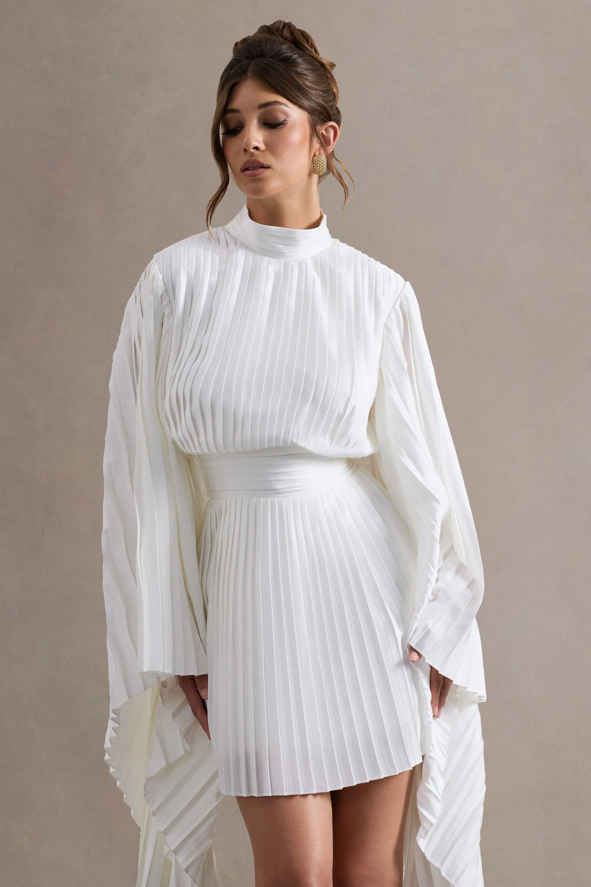 Charity | White Pleated High-Neck Mini Dress With Cape Sleeves Club L London