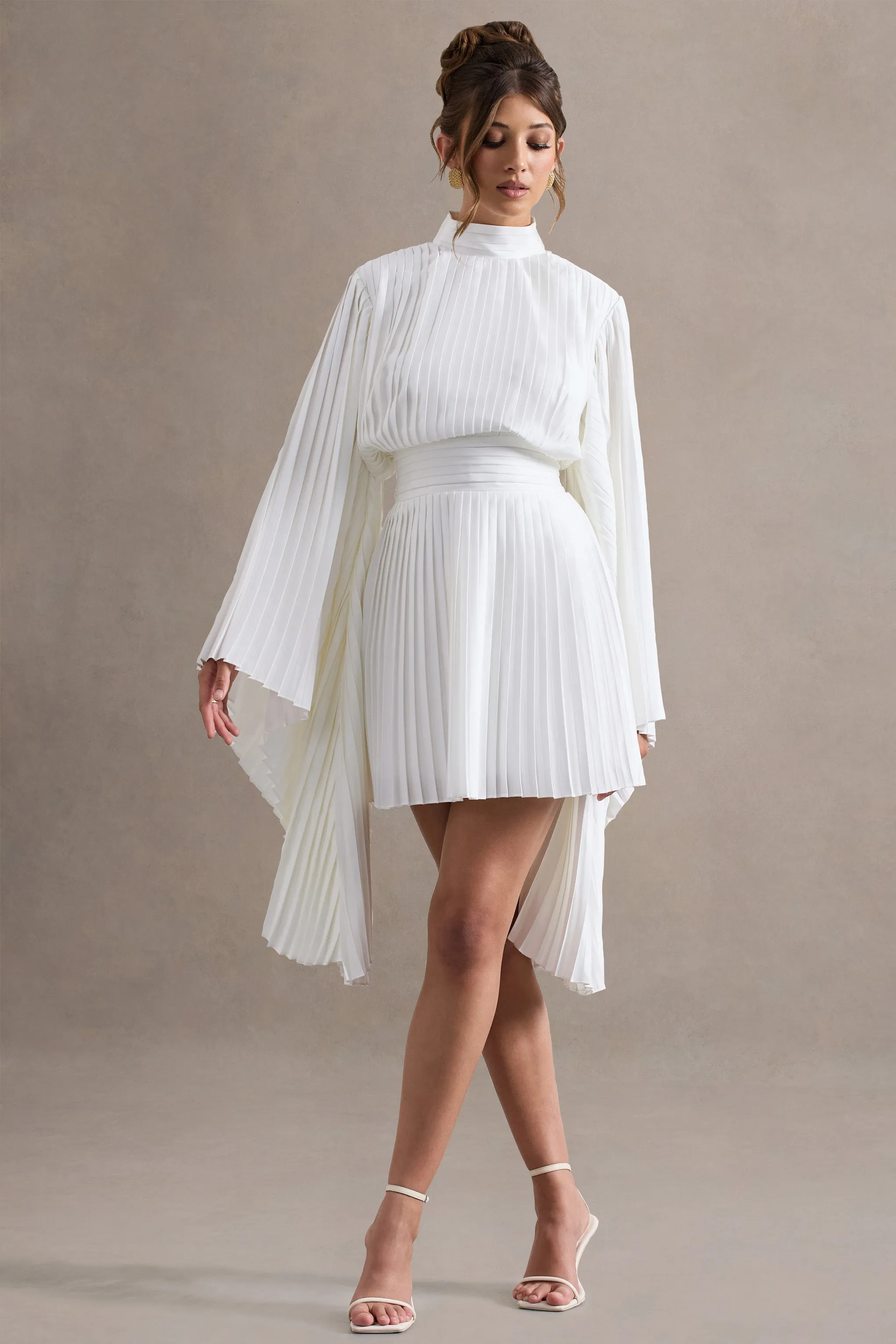 Charity | White Pleated High-Neck Mini Dress With Cape Sleeves Club L London