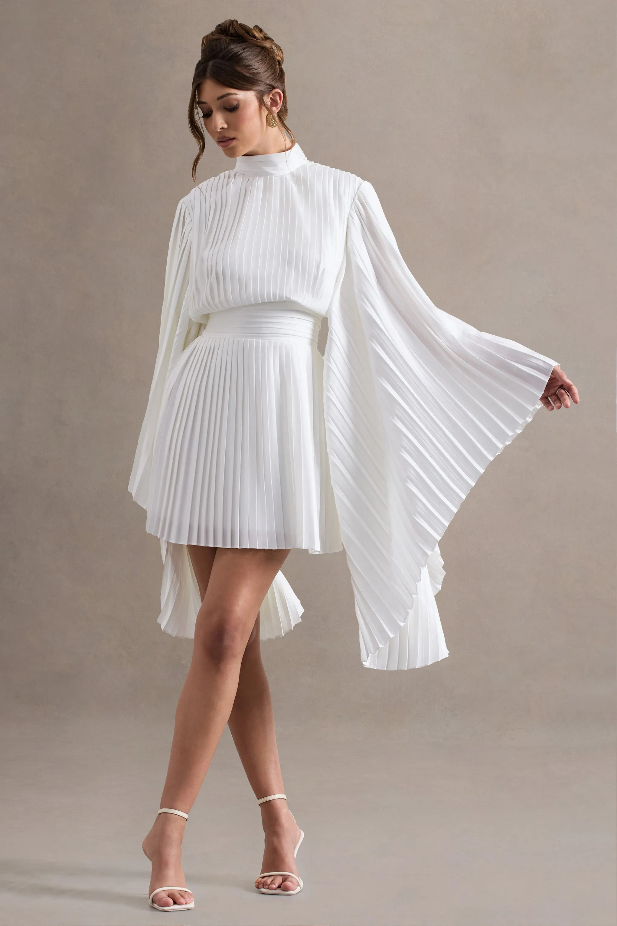 Charity | White Pleated High-Neck Mini Dress With Cape Sleeves Club L London