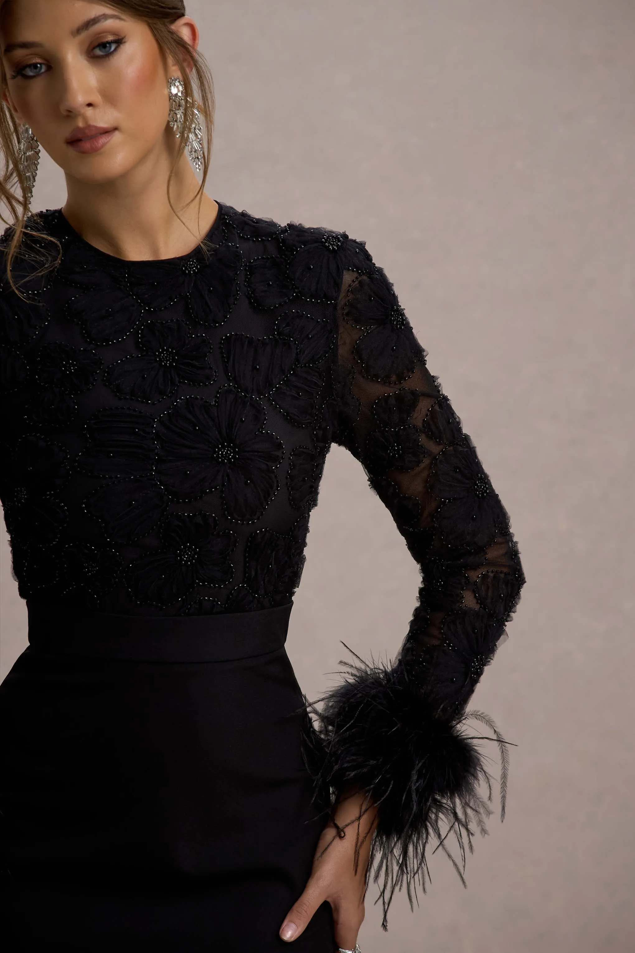 Charli | Black Mesh Long-Sleeve Feather-Trim Mini Dress Club L London