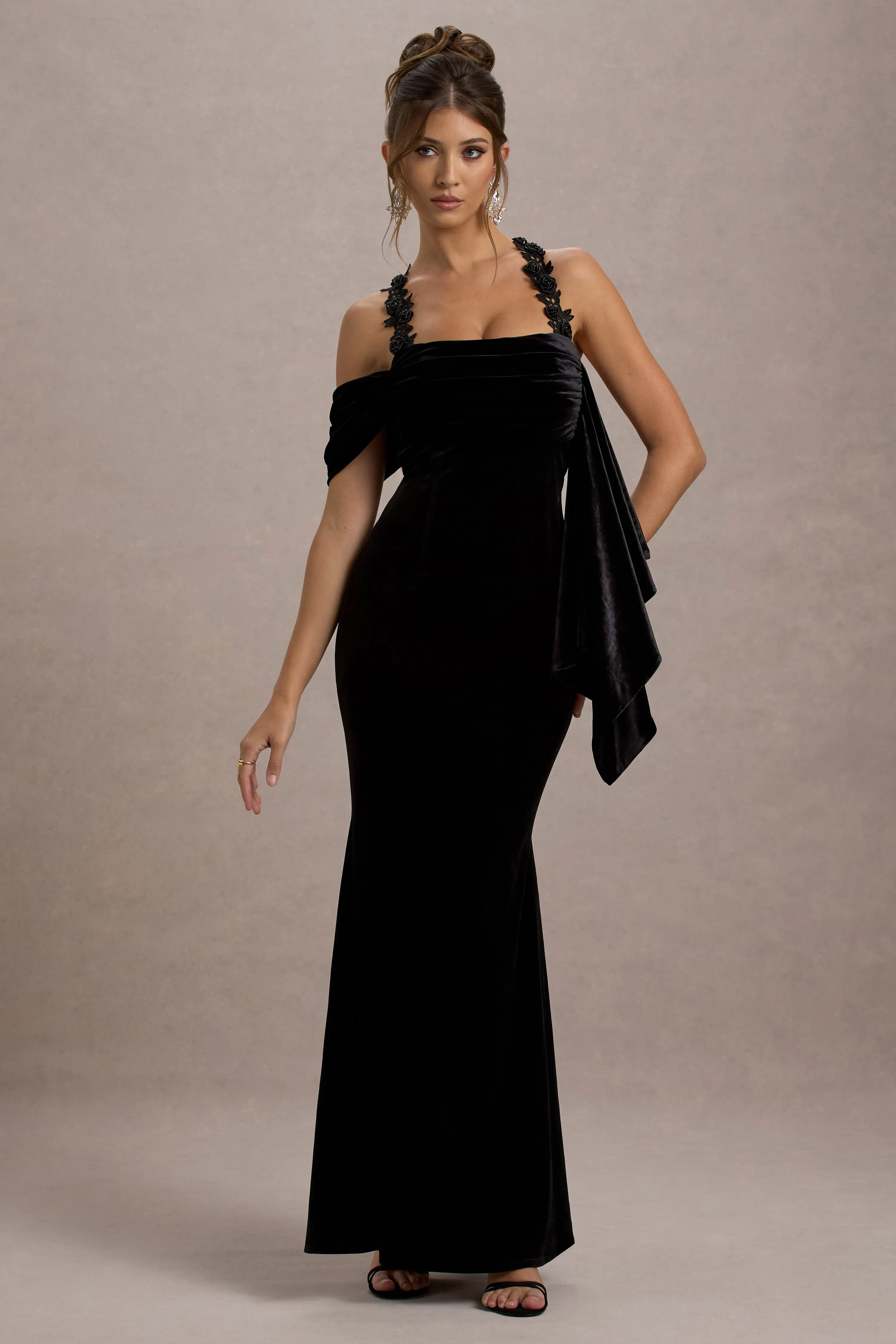 Charlize | Black Velvet Halter-Neck Draped Maxi Dress Club L London