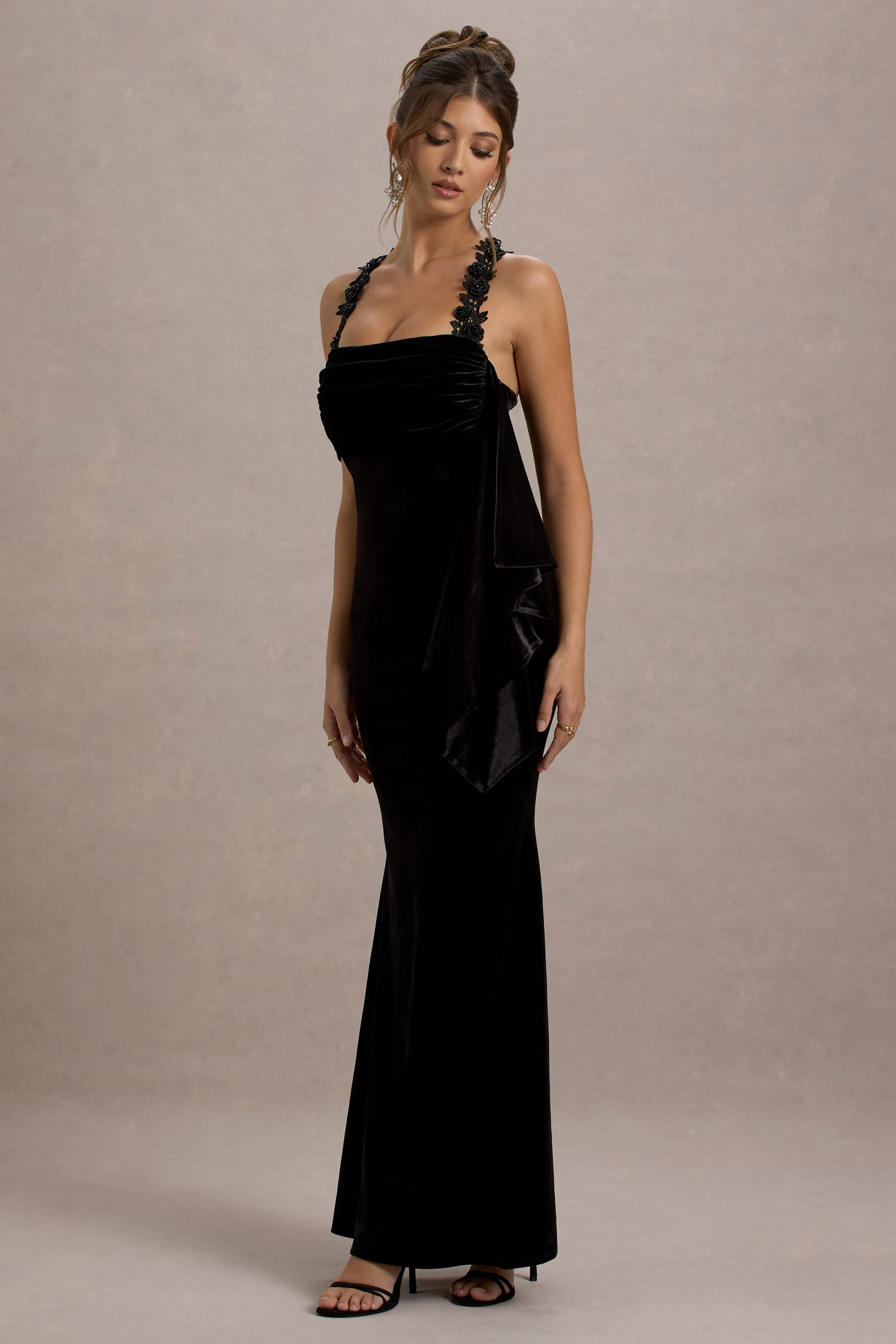 Charlize | Black Velvet Halter-Neck Draped Maxi Dress Club L London